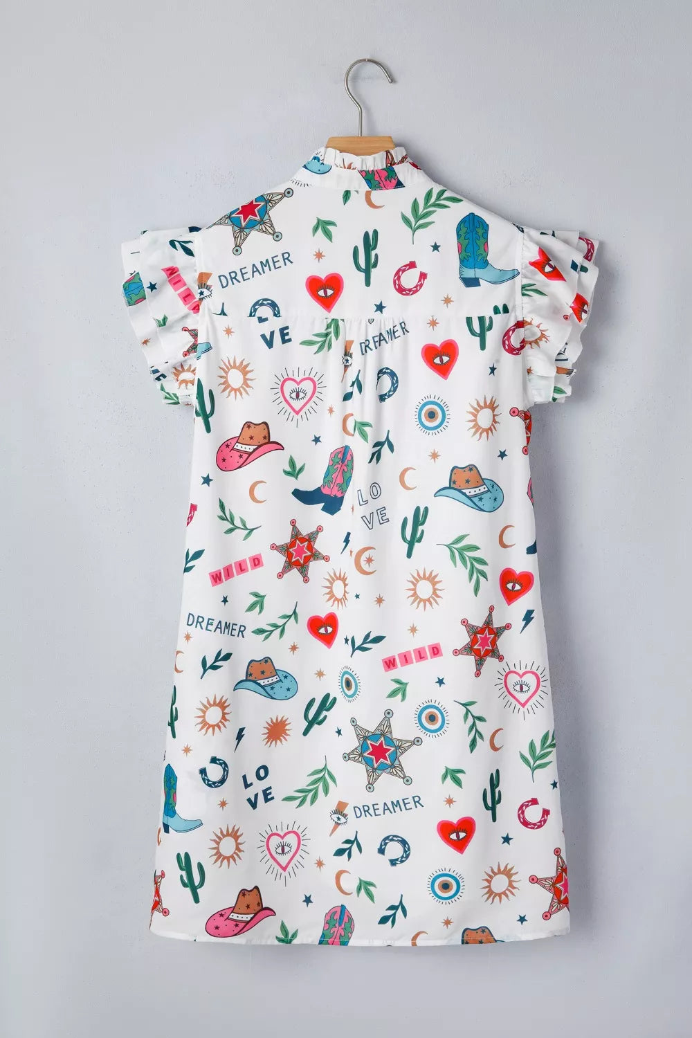 Western Print Flutter Sleeve Button Down Mini Dress