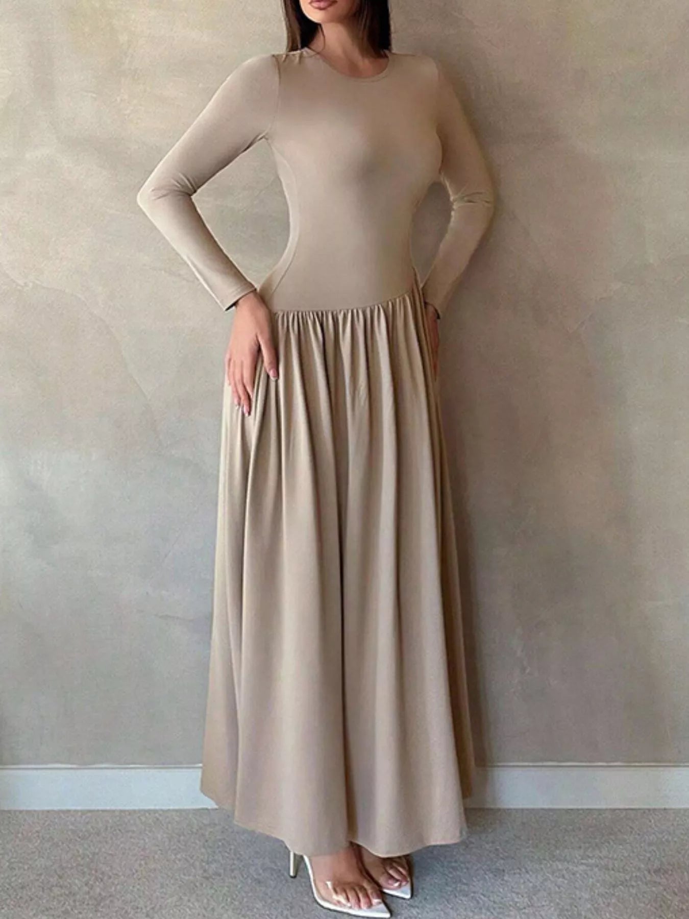Long Sleeve Ruched A-Line Maxi Dress