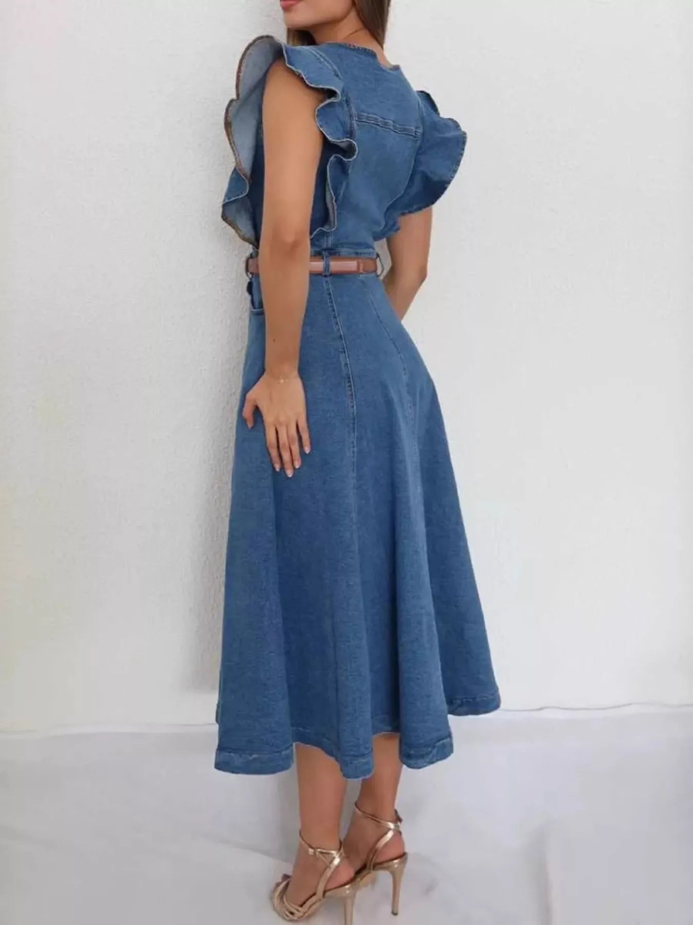 Ruffled Button Front Denim Dress