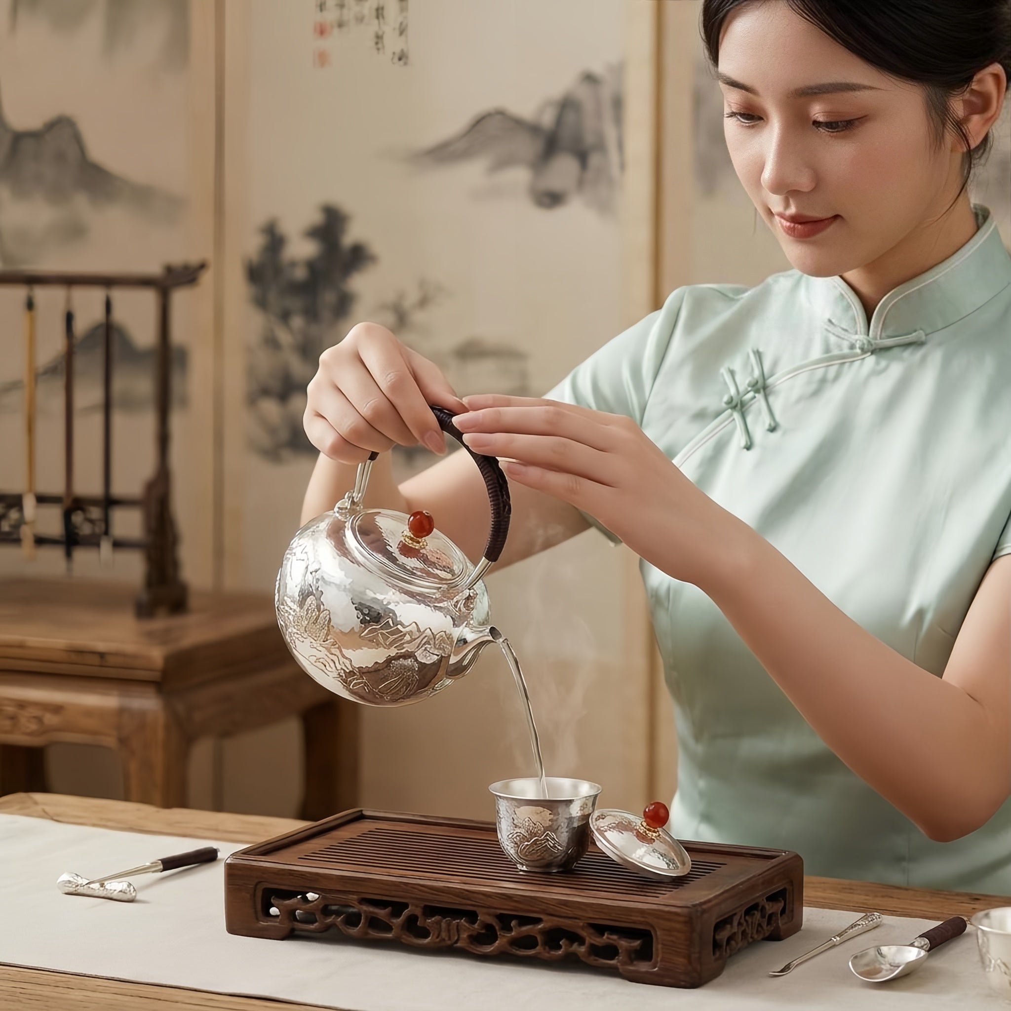 Pure 999 Fine Silver Exquisite Hand-Carved Silver Teapot with Mountain Landscape and Red Stone Finial - Handicraft