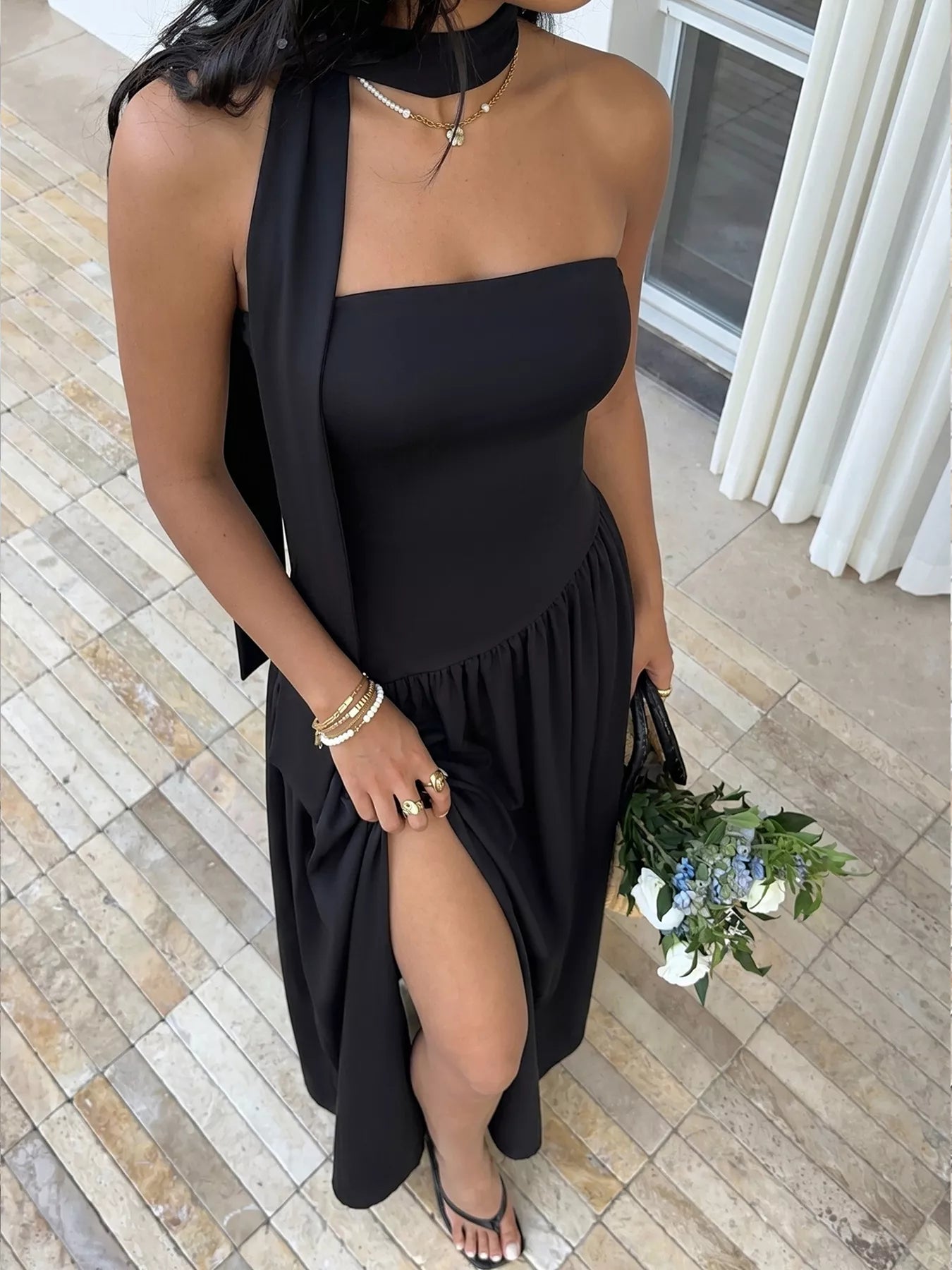 Slit Tube Maxi Dress with Scarf