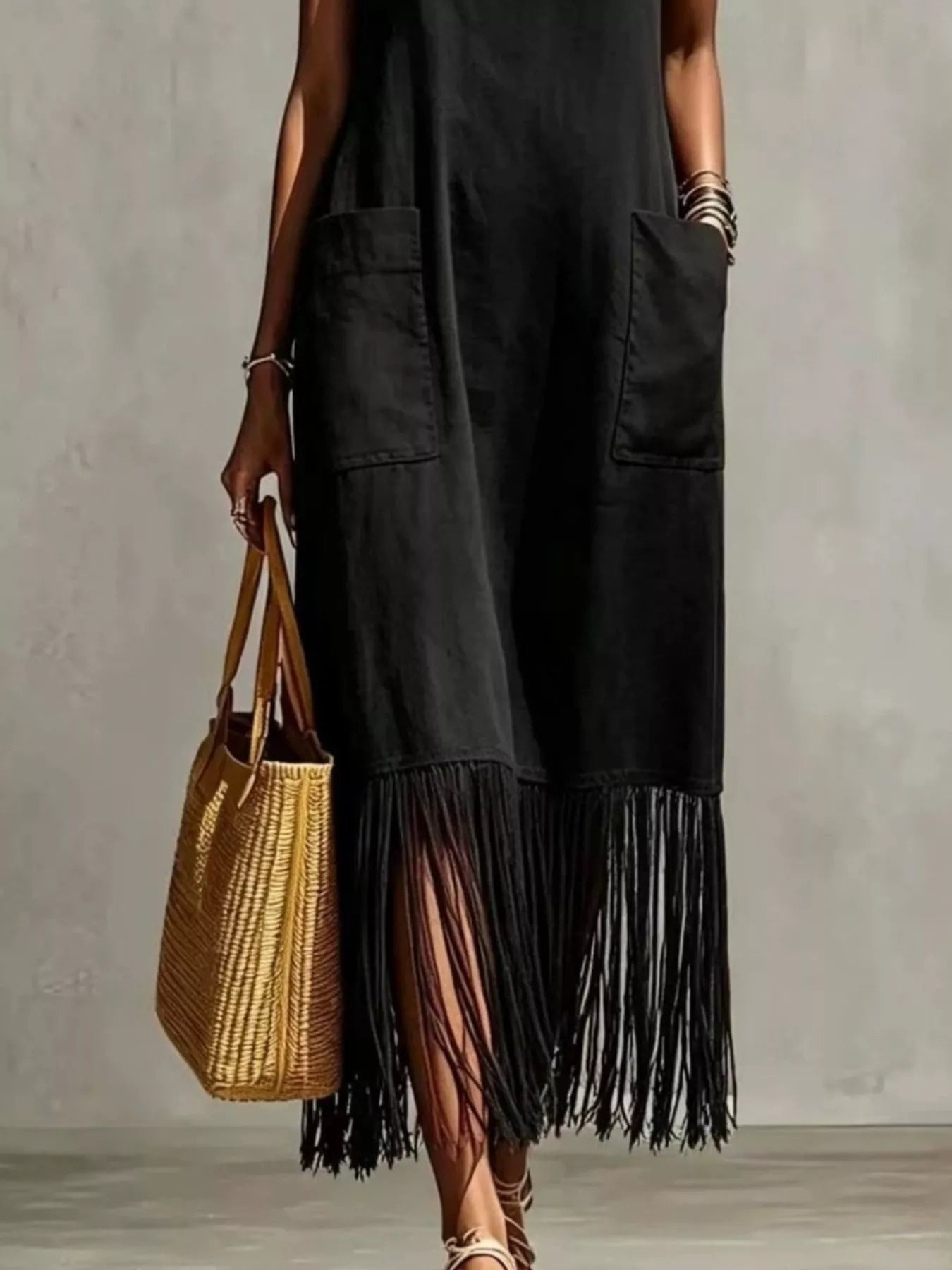 Full Size Fringe V-Neck Spaghetti Strap Dress Plus Size