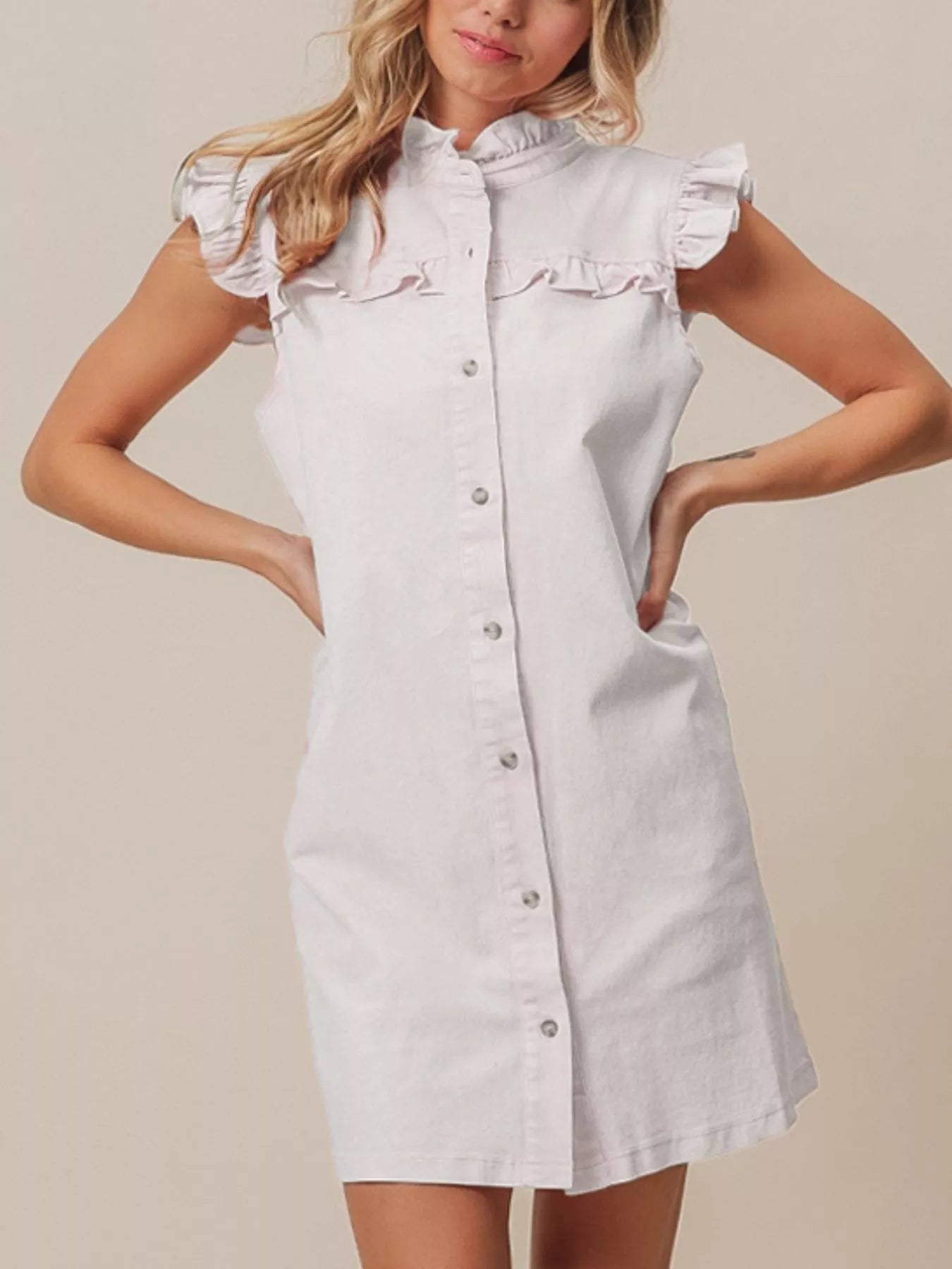 Ruffled Trim Button-Down Denim Dress