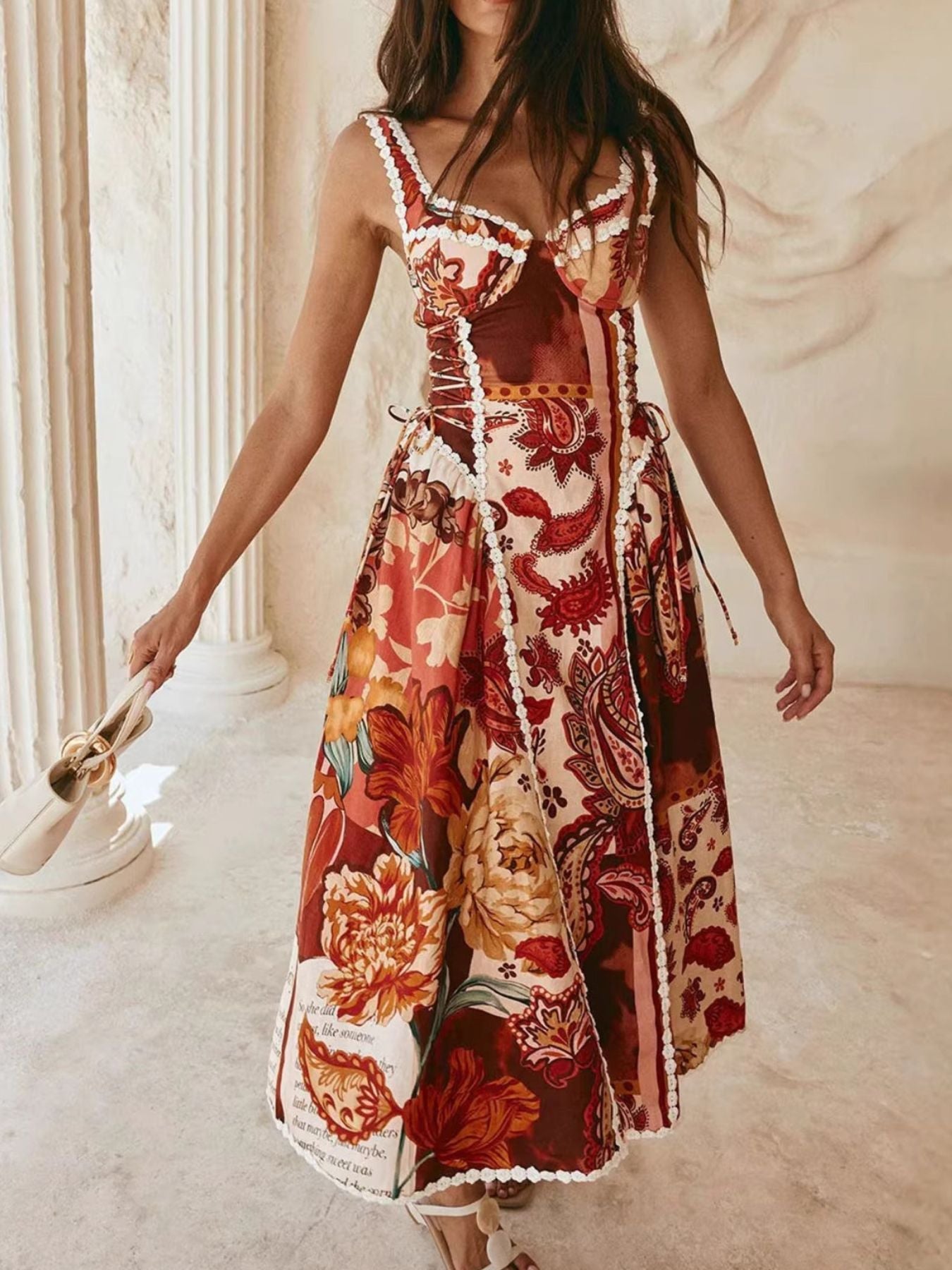 Vintage Paisley Print Lace Trim Midi Dress