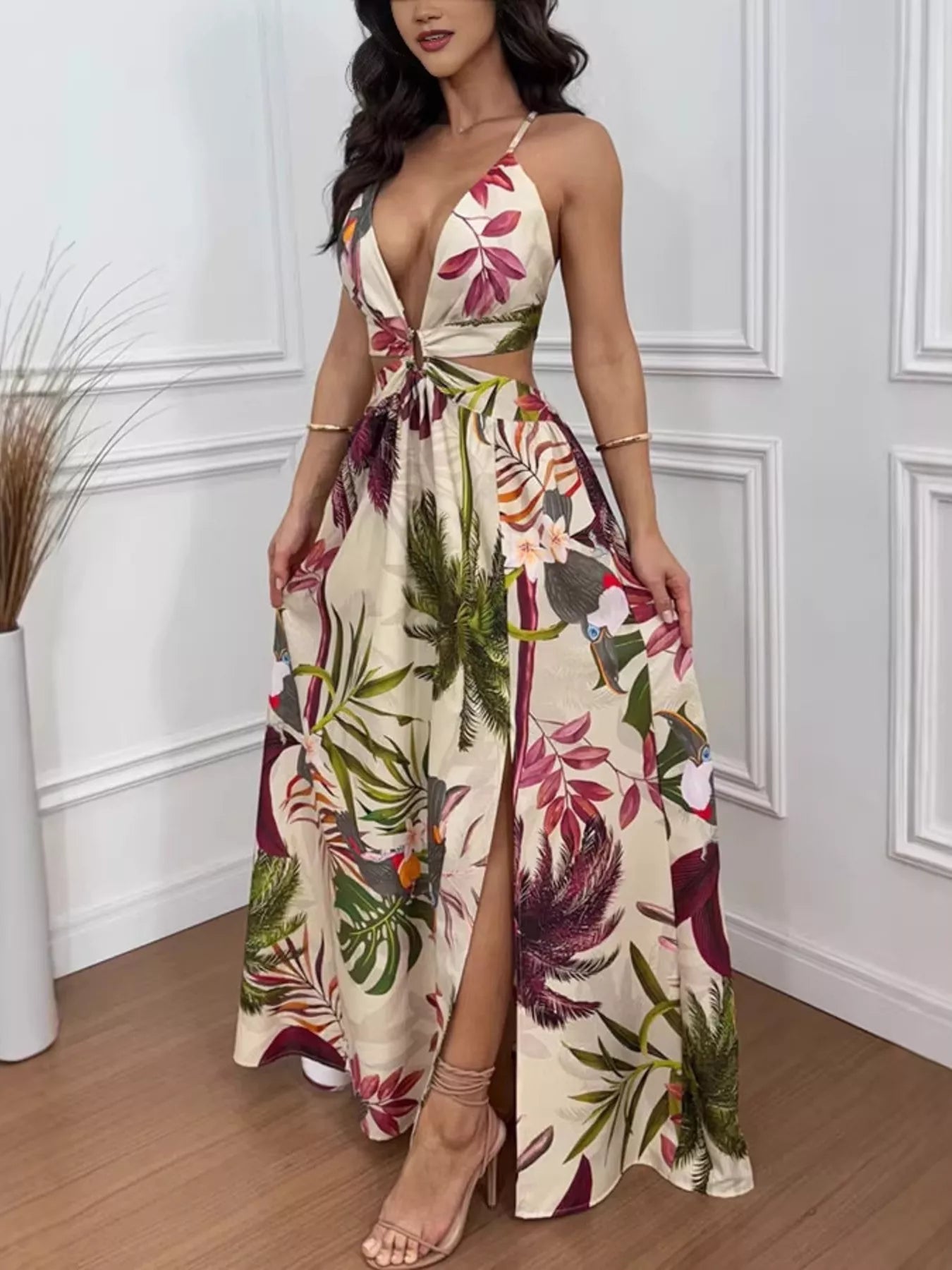 Tropical Print Plunge Cutout Slit Maxi Dress