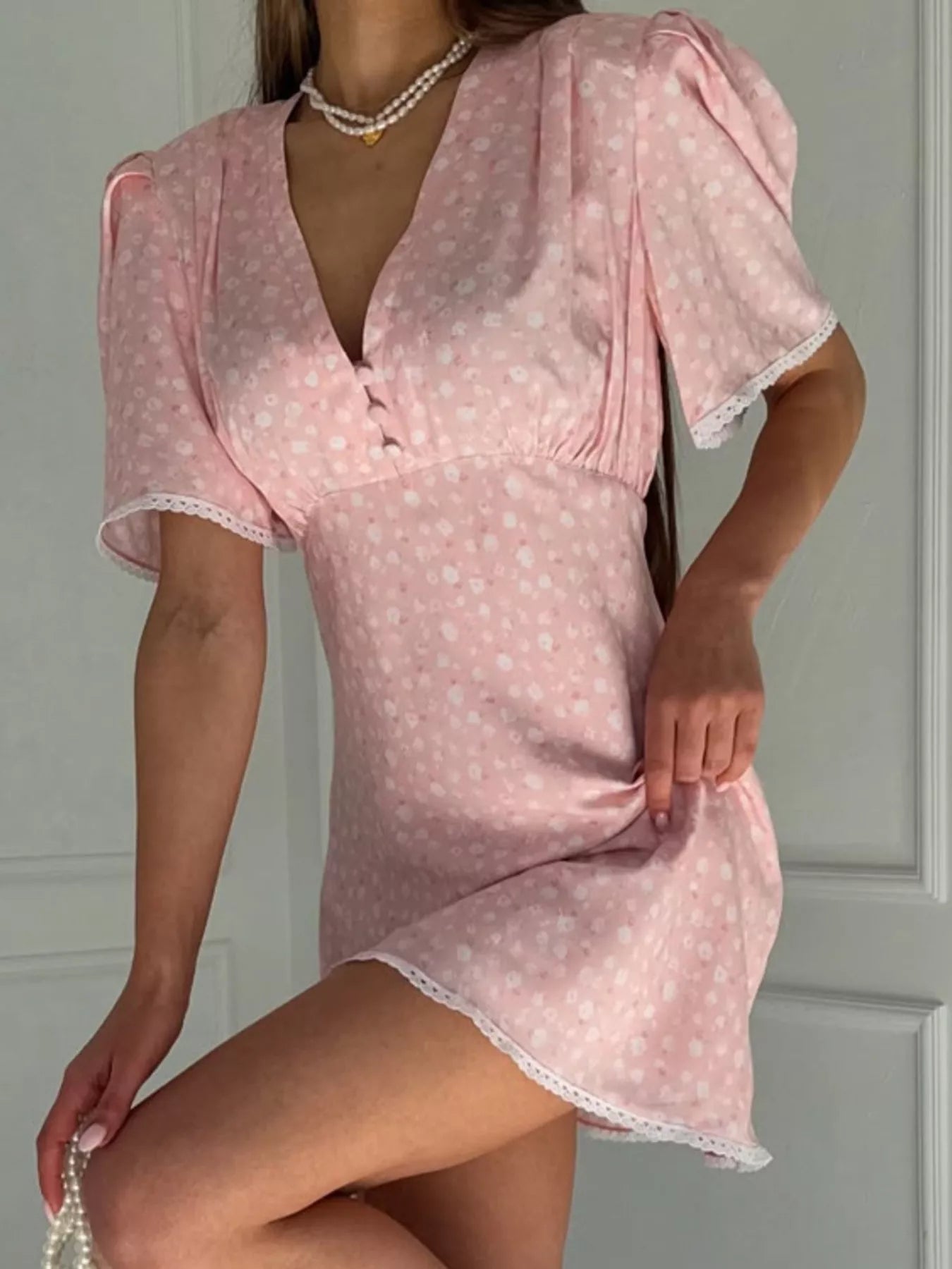 V-Neck Puff Sleeve Mini Dress with Lace Trim