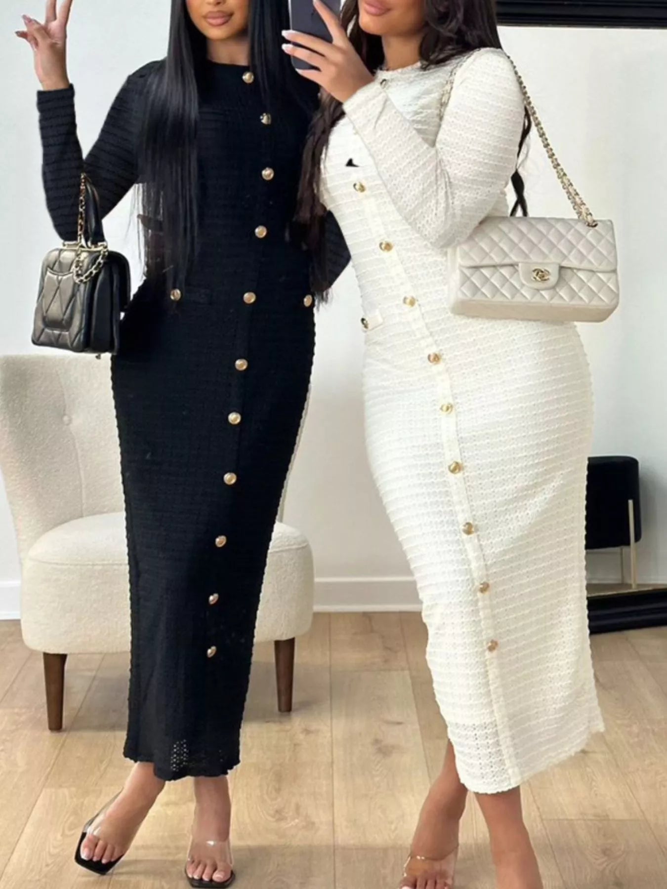 Textured Decor Button Midi Dress