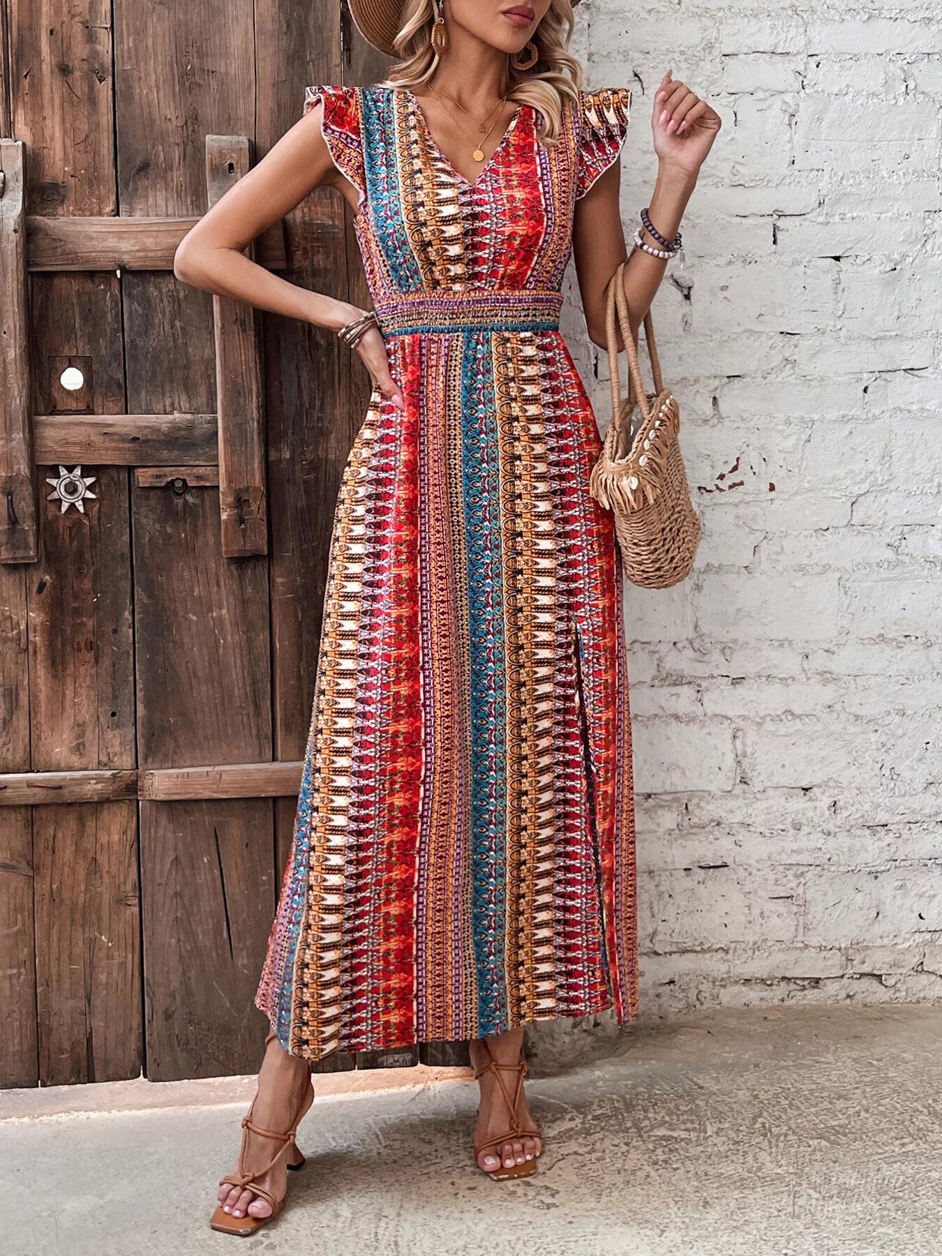 Boho Print Ruffle Sleeve Slit Dress