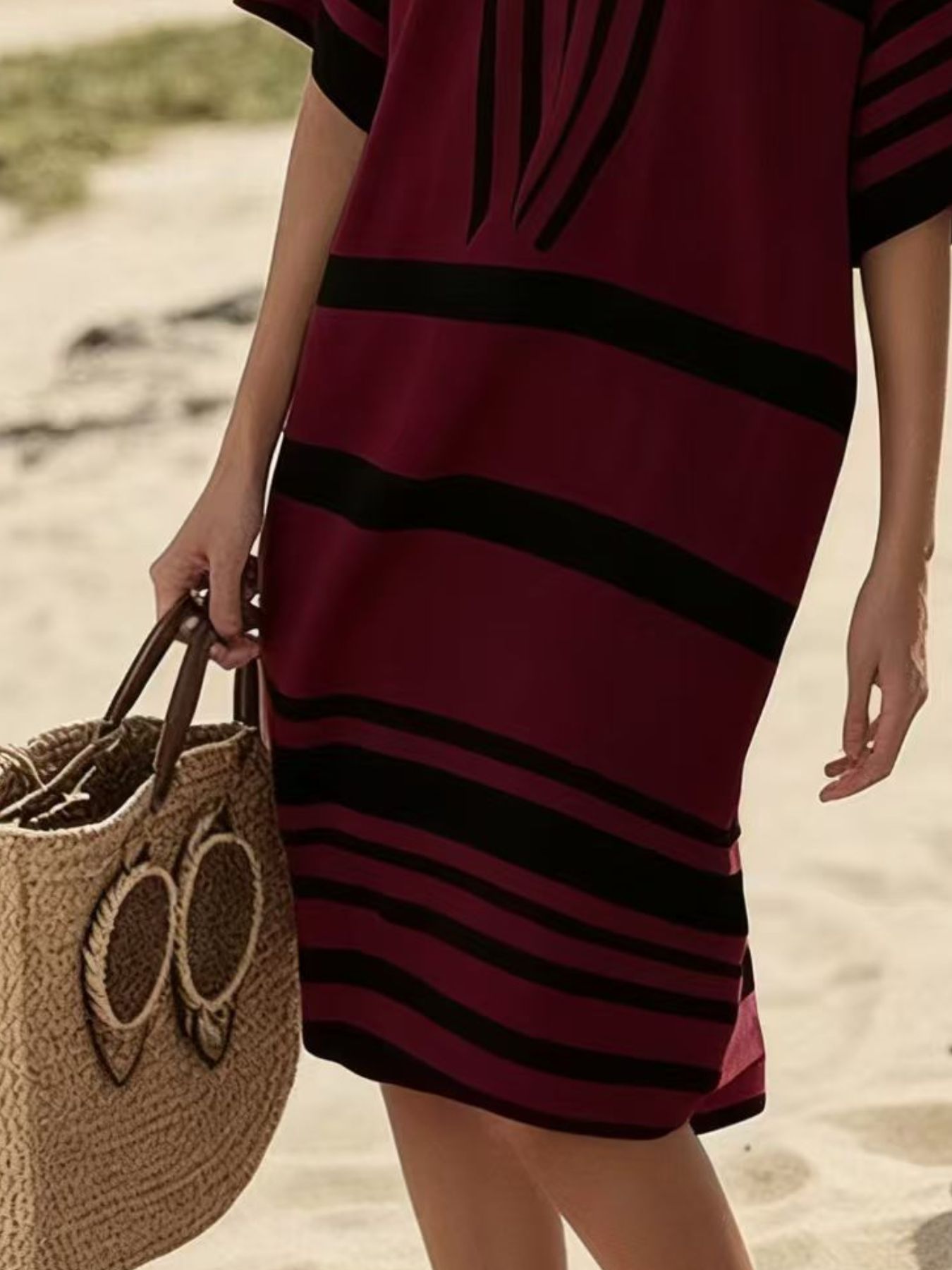Full Size Striped Half Sleeve Midi Dress Plus Size