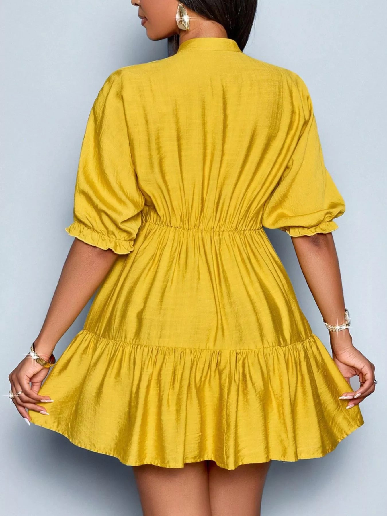 Notched Half Sleeve Tiered Dress