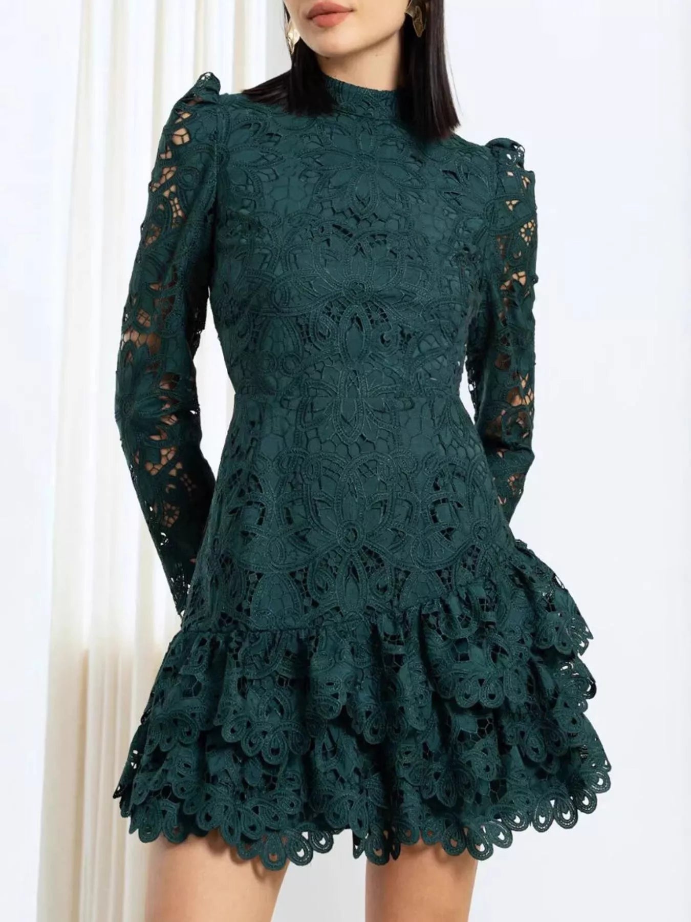 Lace Mock Neck Long Sleeve Mini Dress