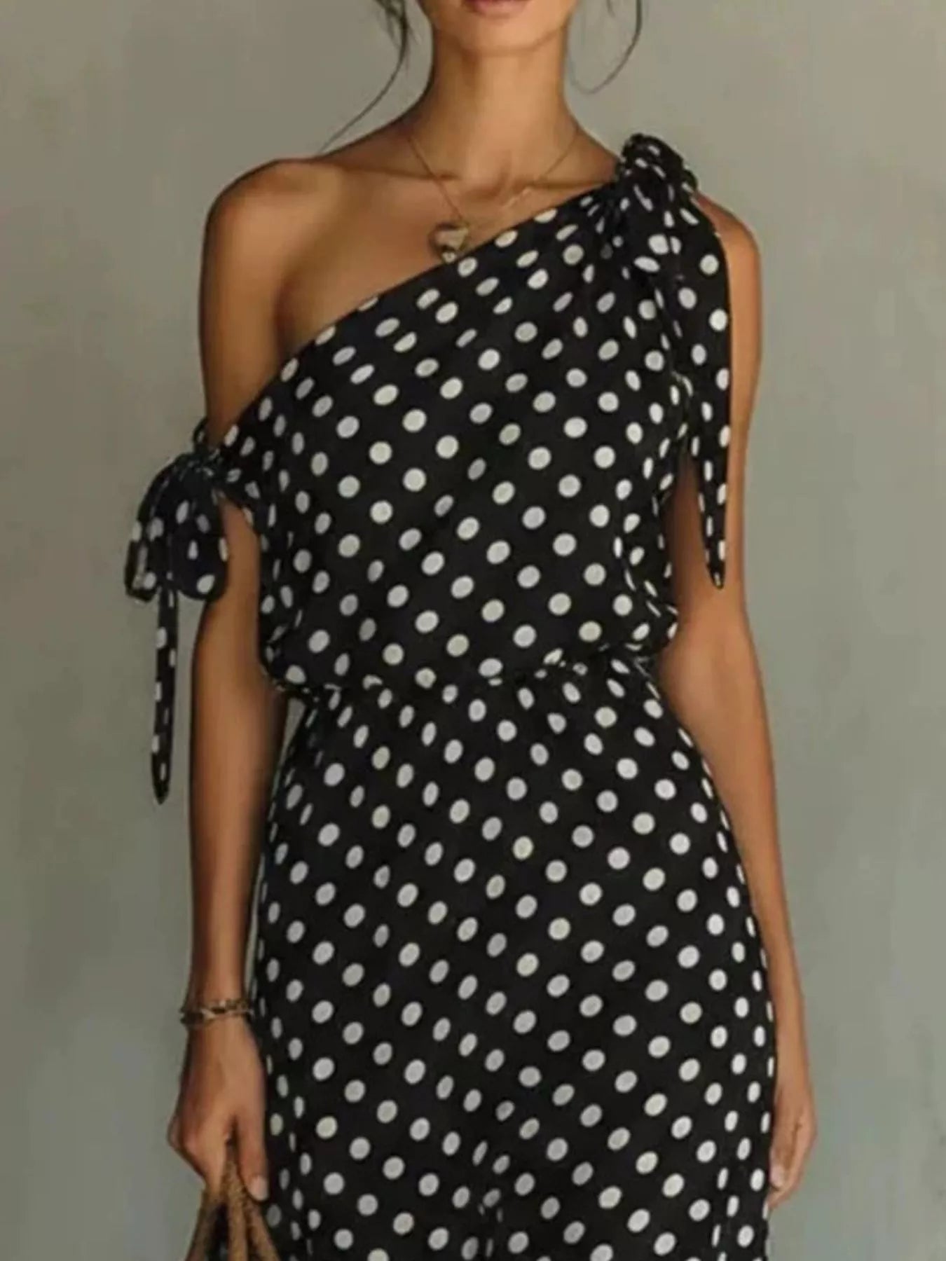 Full Size Polka Dot One-Shoulder Maxi Dress with Tie Details Plus Size
