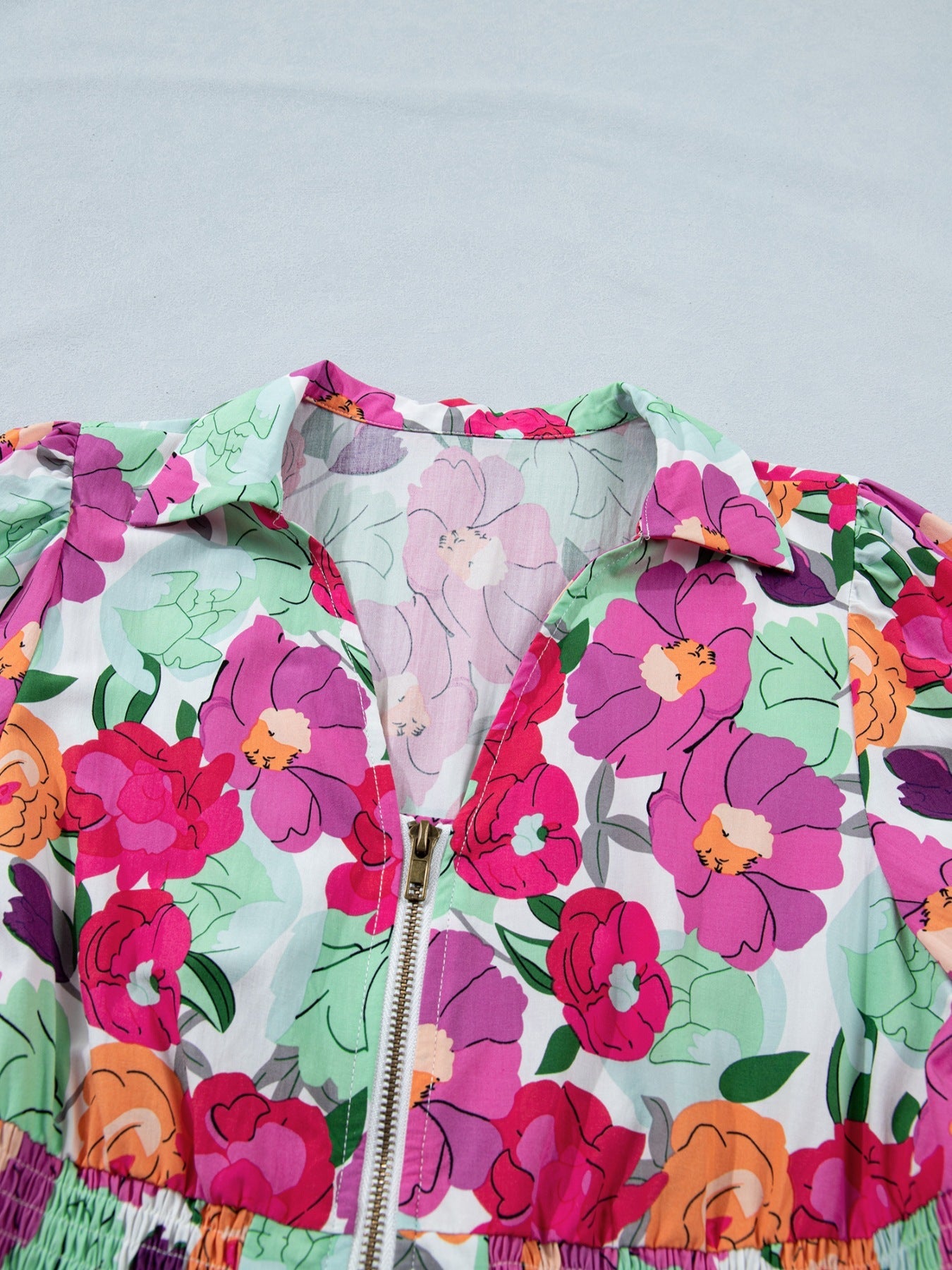 Vibrant Floral Print V Neck Zip Up Puffy Half Sleeve Dress