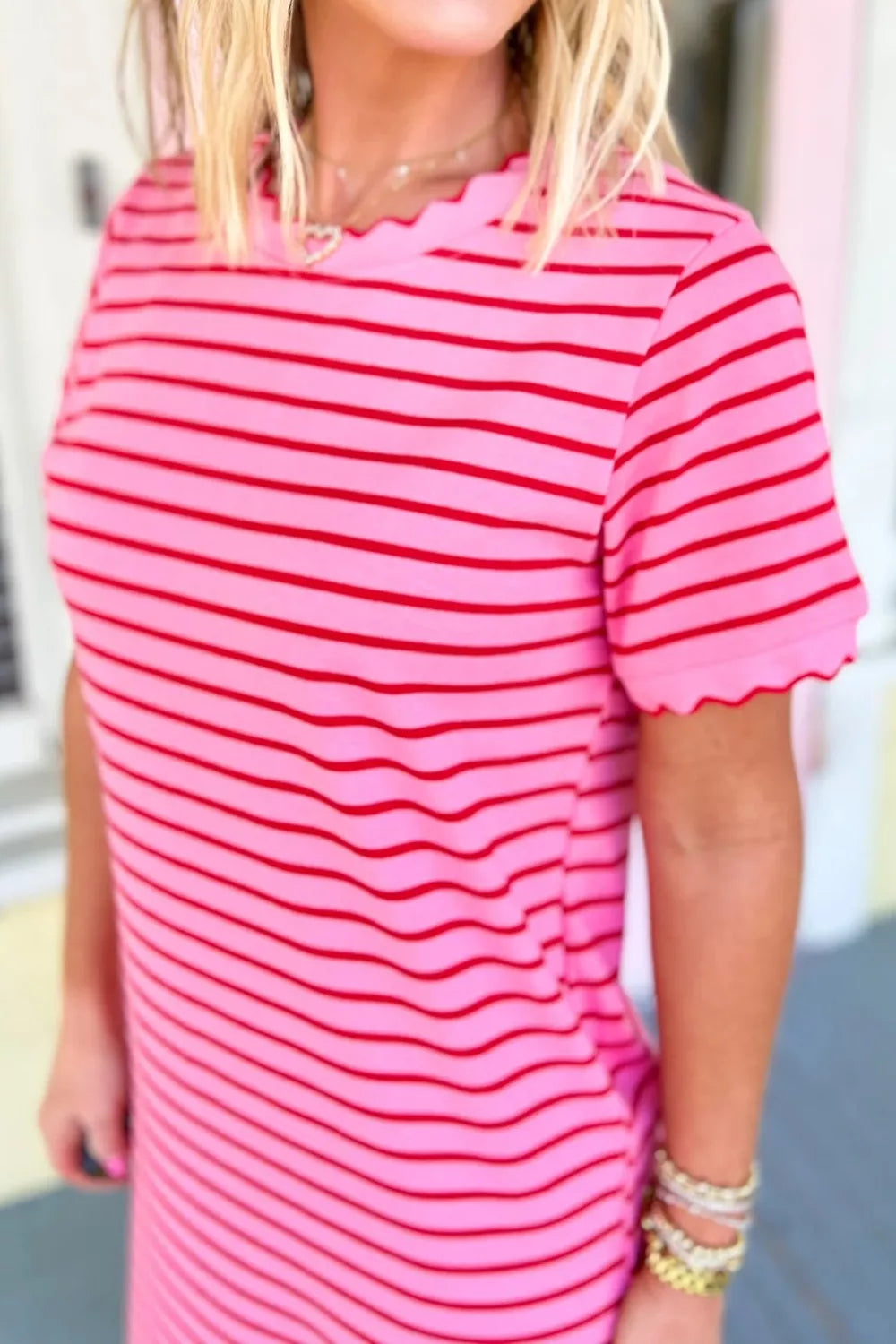 Stripe Striped Short Sleeve Scalloped Trim Side Slit Maxi Tee Dress