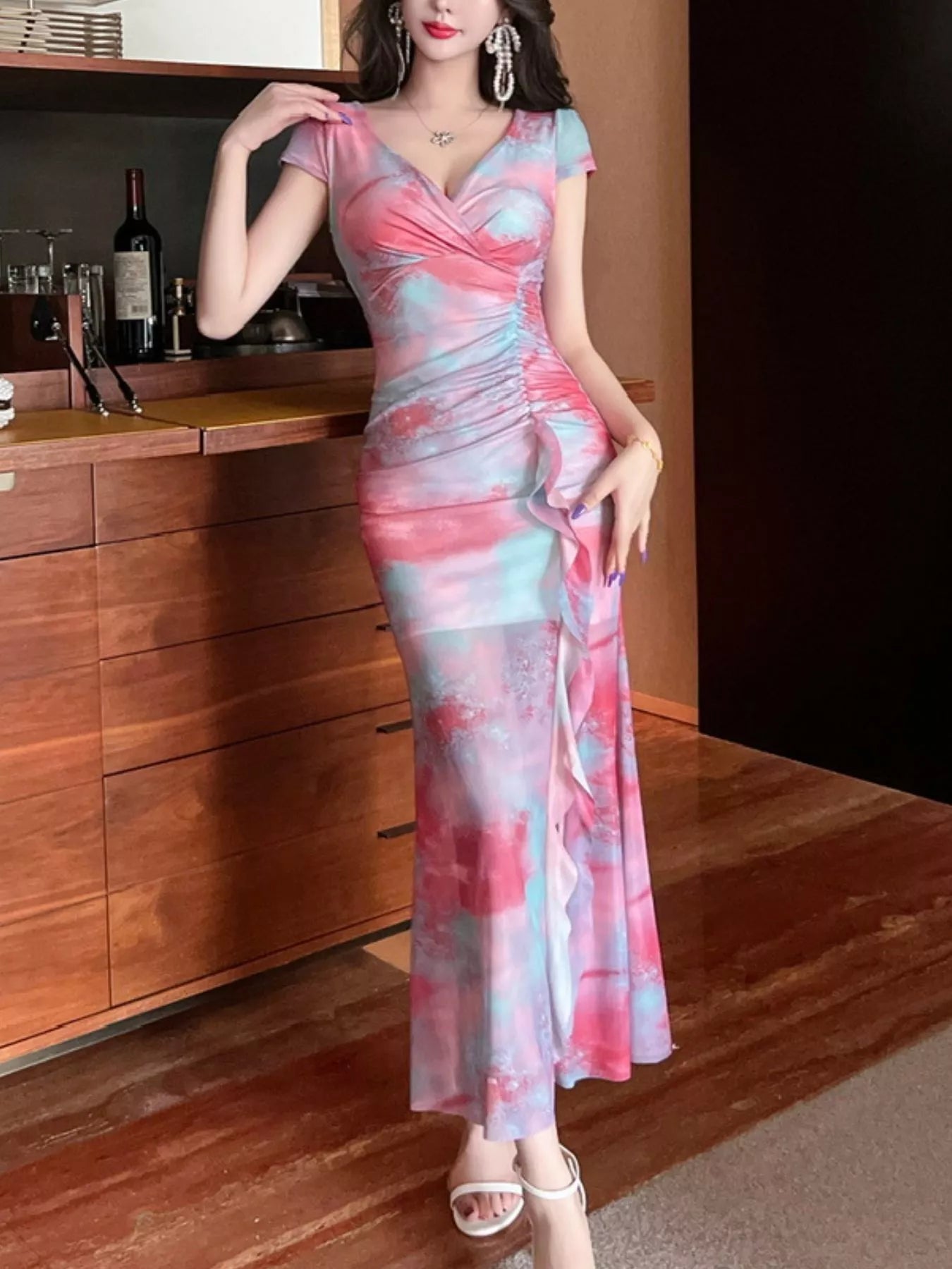 Tie-Dye Surplice Ruffle Slit Dress