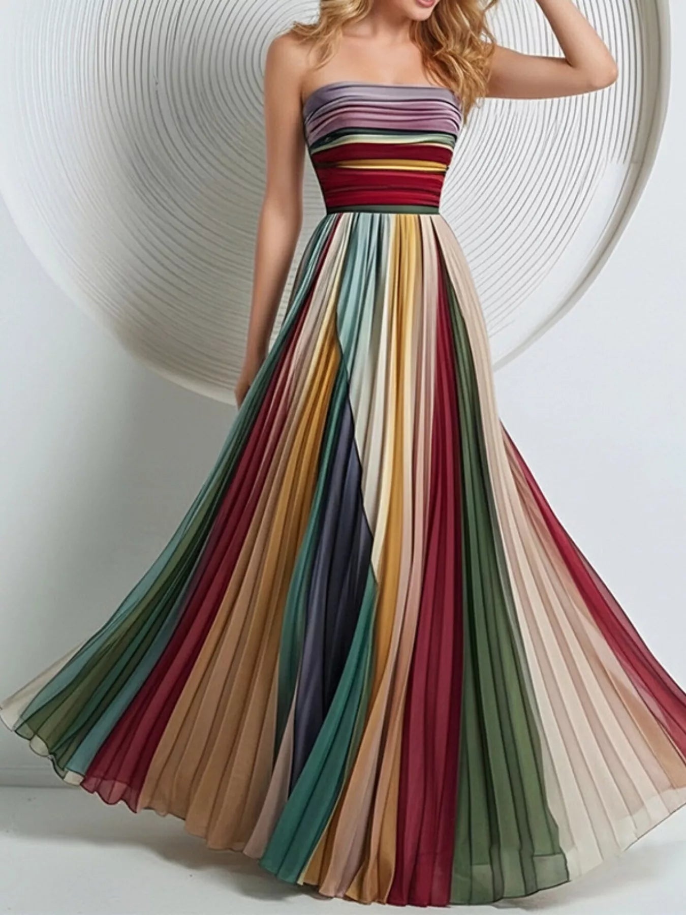 Striped Pleated Tube Maxi Dress