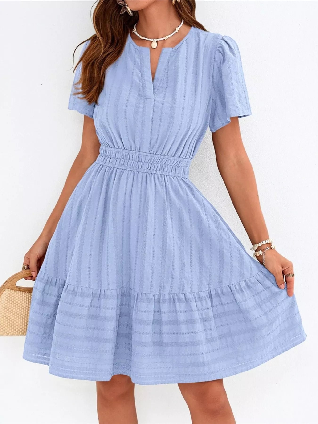 Short Sleeve Smocked Waist Tiered Dress