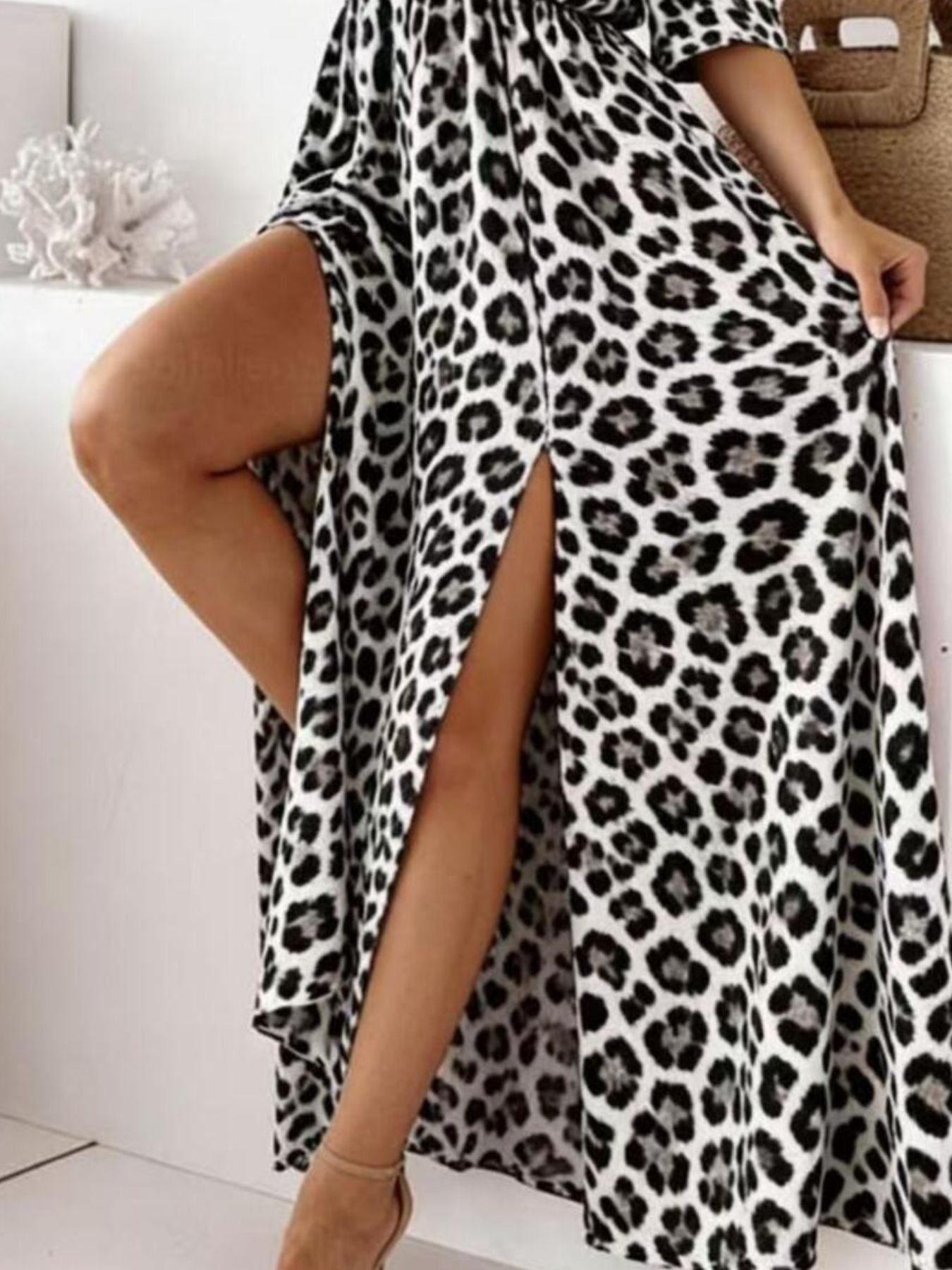 Leopard Print Cold Shoulder Slit Maxi Dress