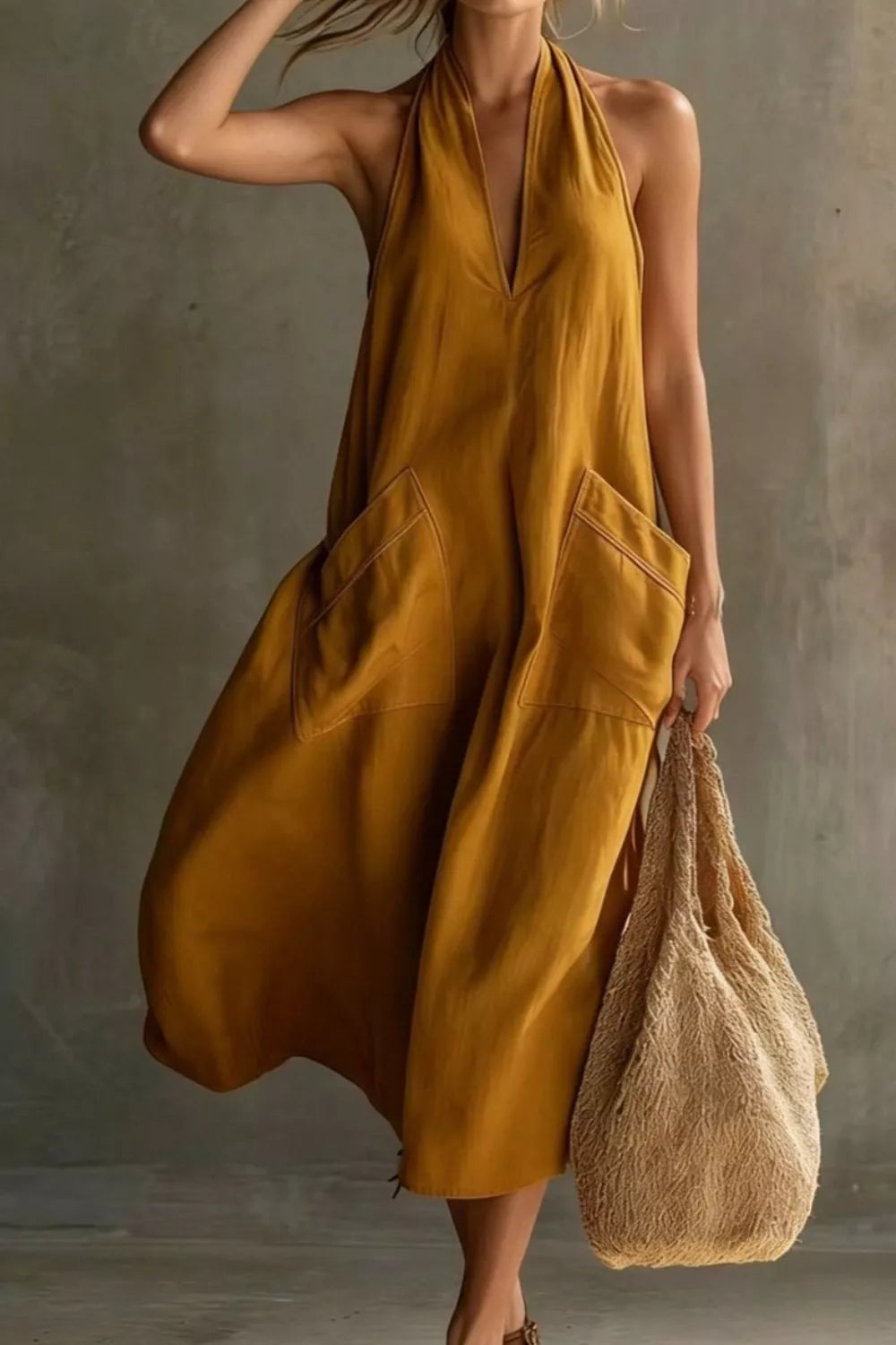 Casual Halter Neck Pocket Midi Dress