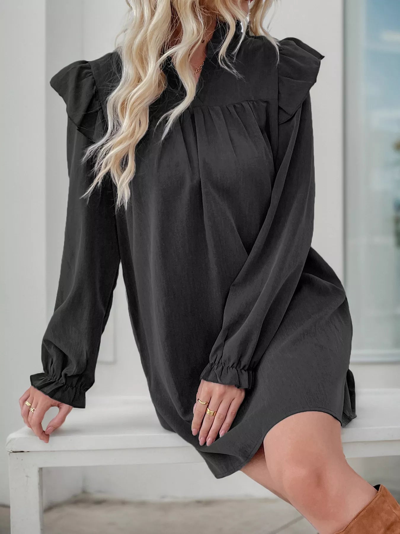 Ruffled Notched Long Sleeve Dress