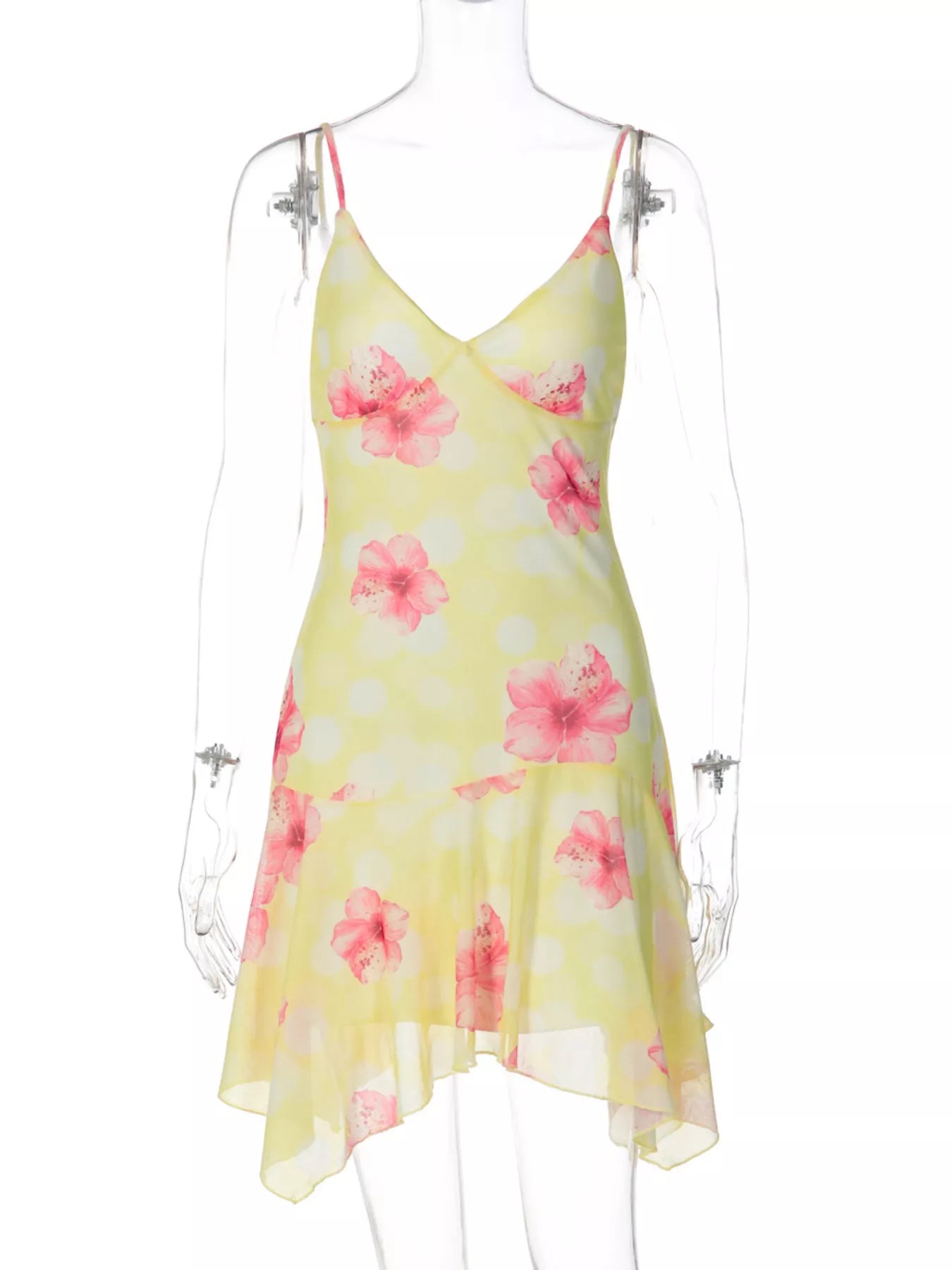 Sheer Floral Print Sleeveless Asymmetrical Mini Dress