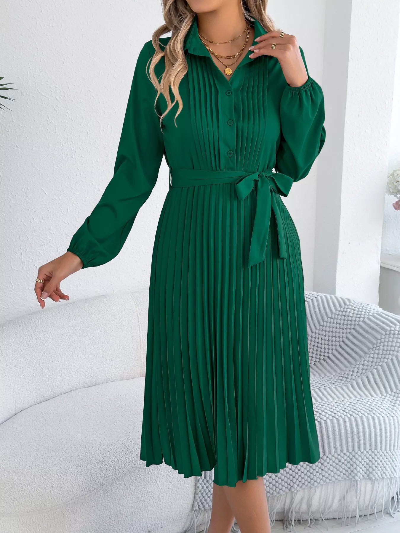 Pleated Tie Waist Balloon Sleeve Dress