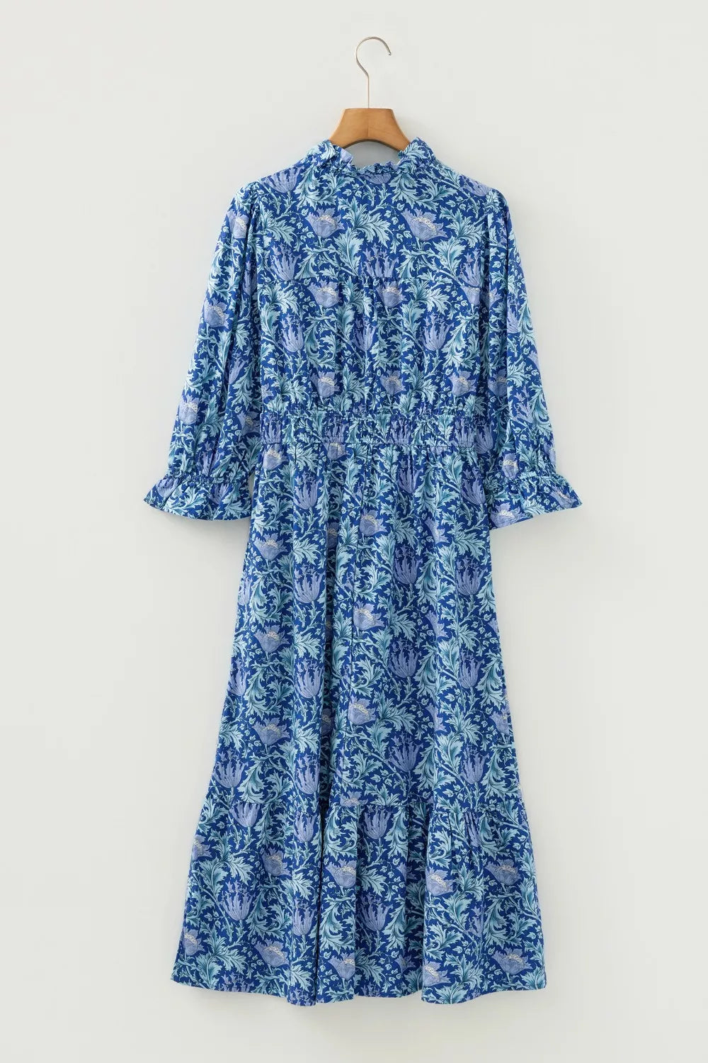 Floral Printed Frilled V Neck Bracelet Sleeve Long Dress