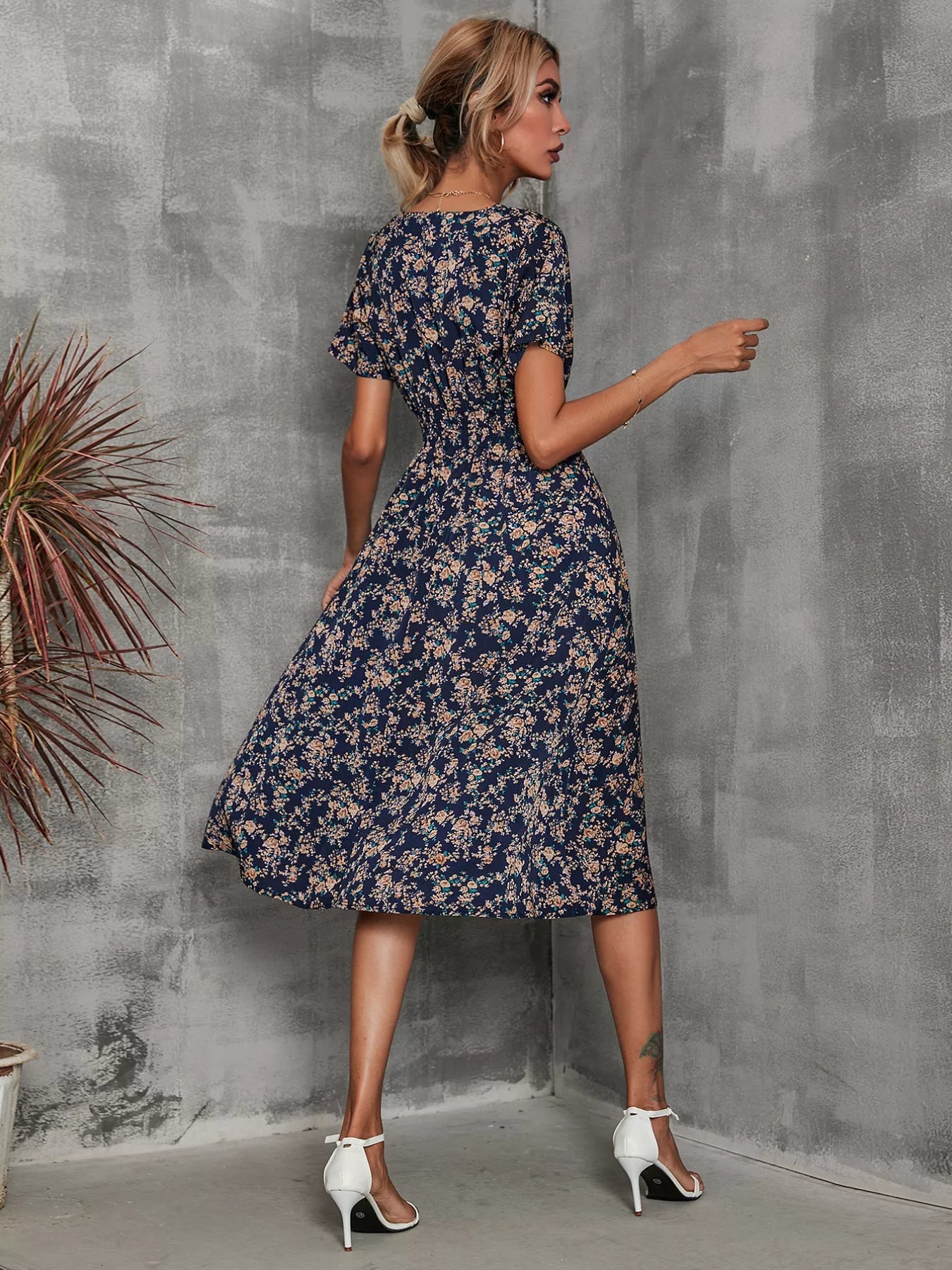 Printed Short Sleeve Midi Dress