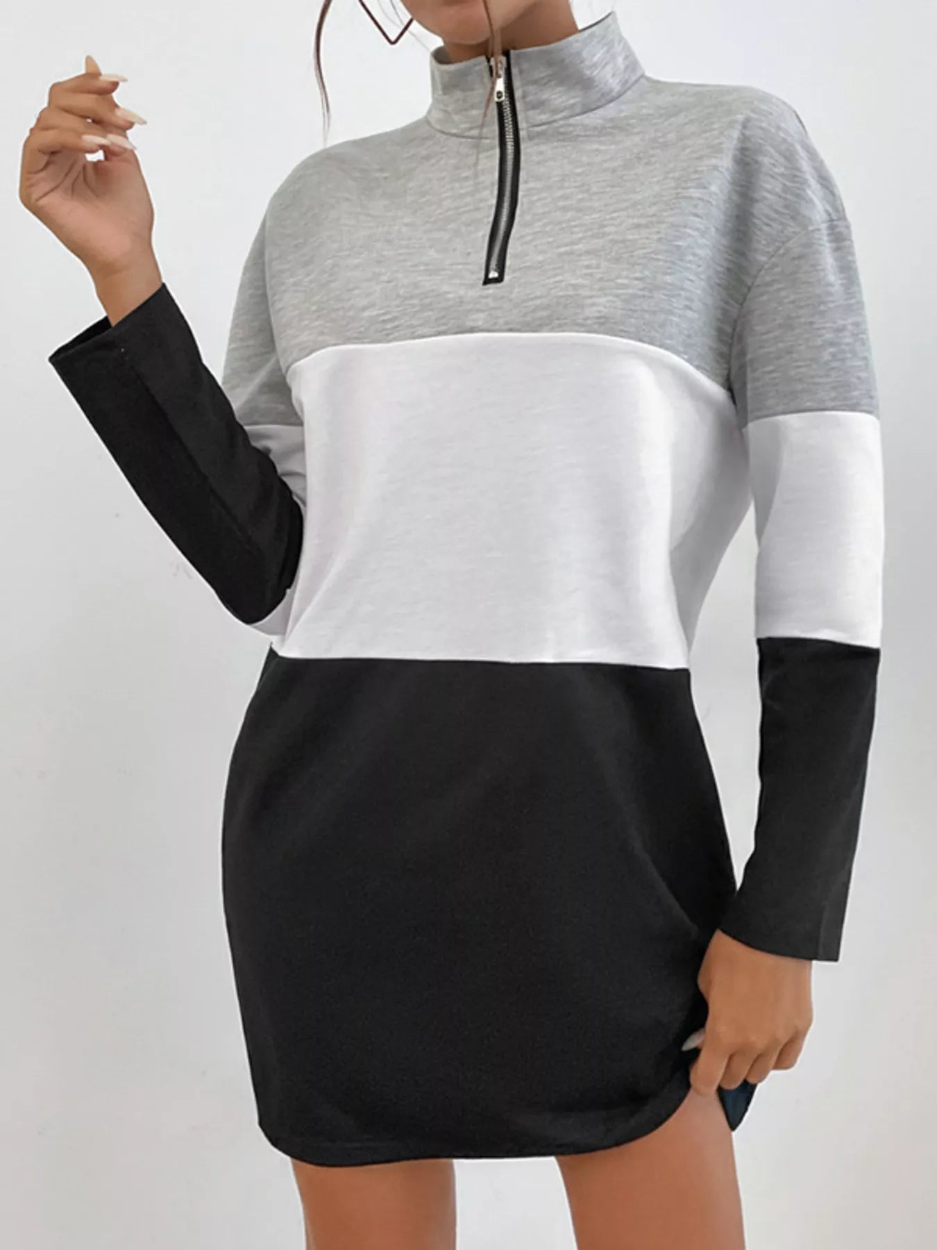 Color Block Zip Front Casual Dress