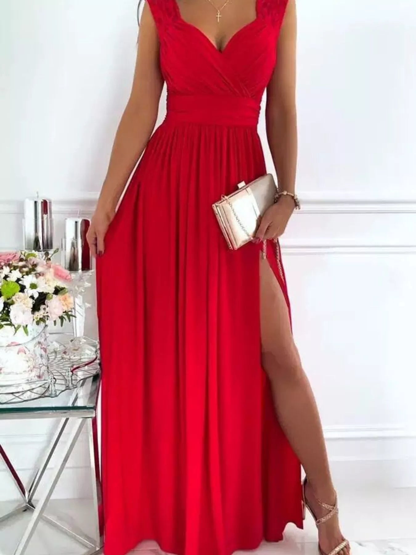 High Slit Lace Detail Maxi Dress