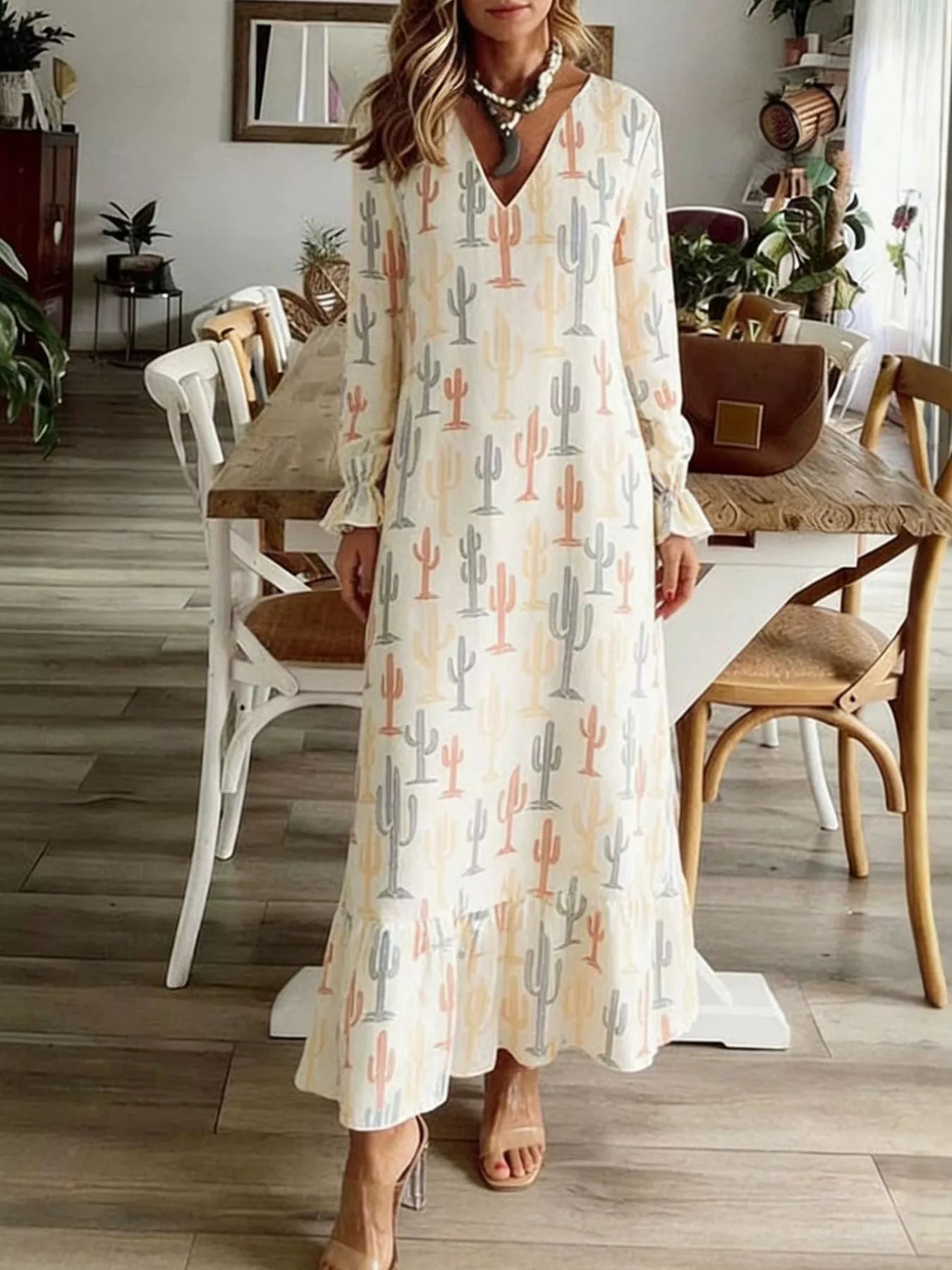 V-Neck Flounce Sleeve Dress
