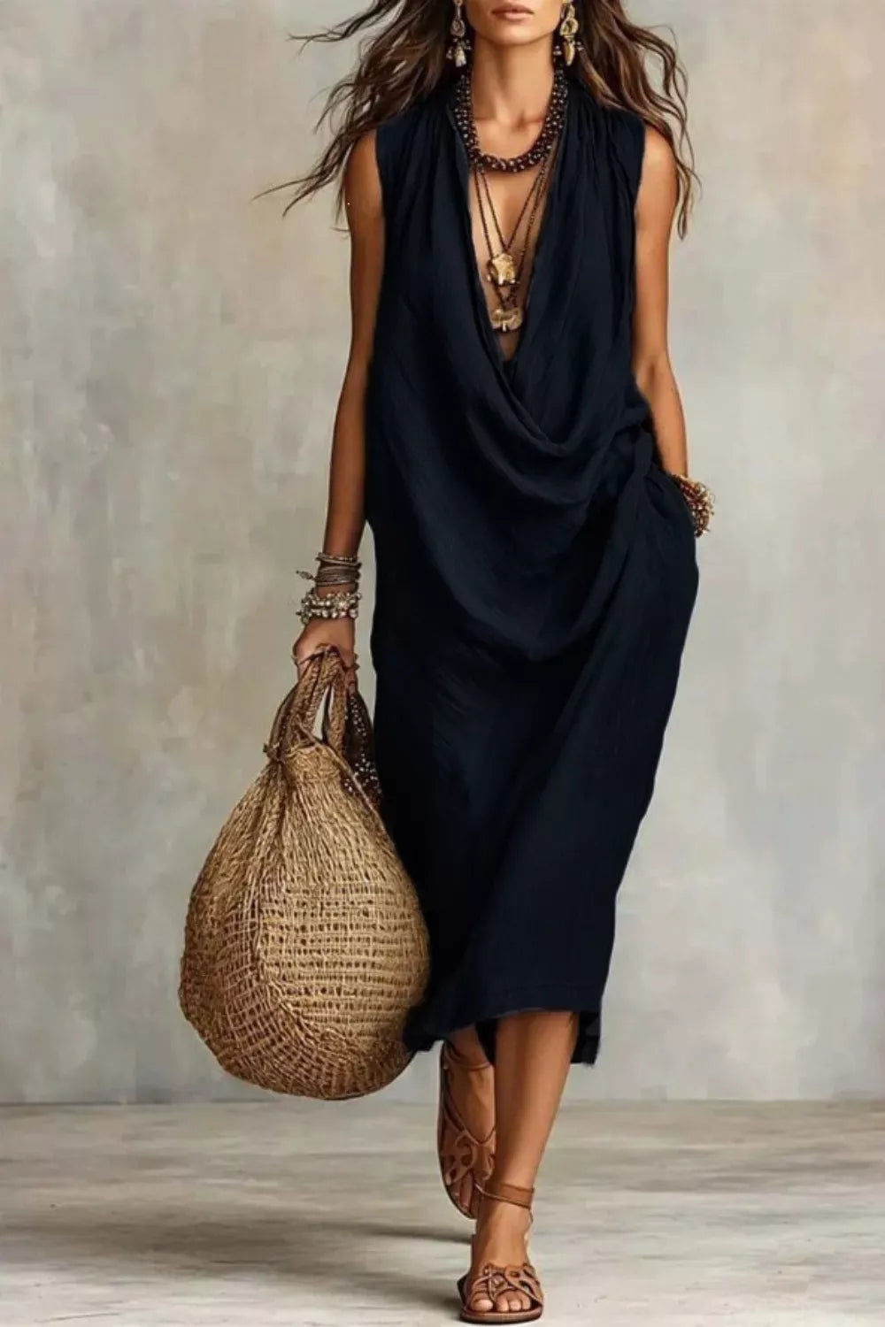 Sleeveless Drape Neck Midi Dress