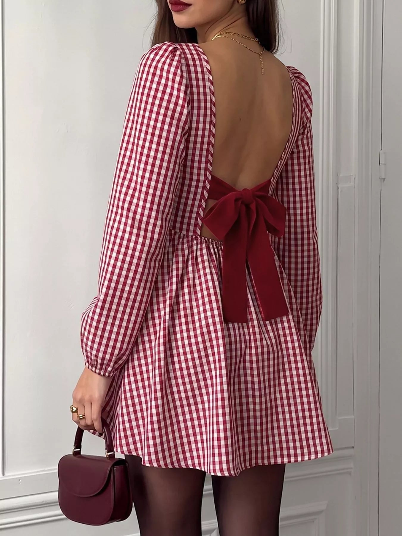 Backless Plaid Long Sleeve Dress
