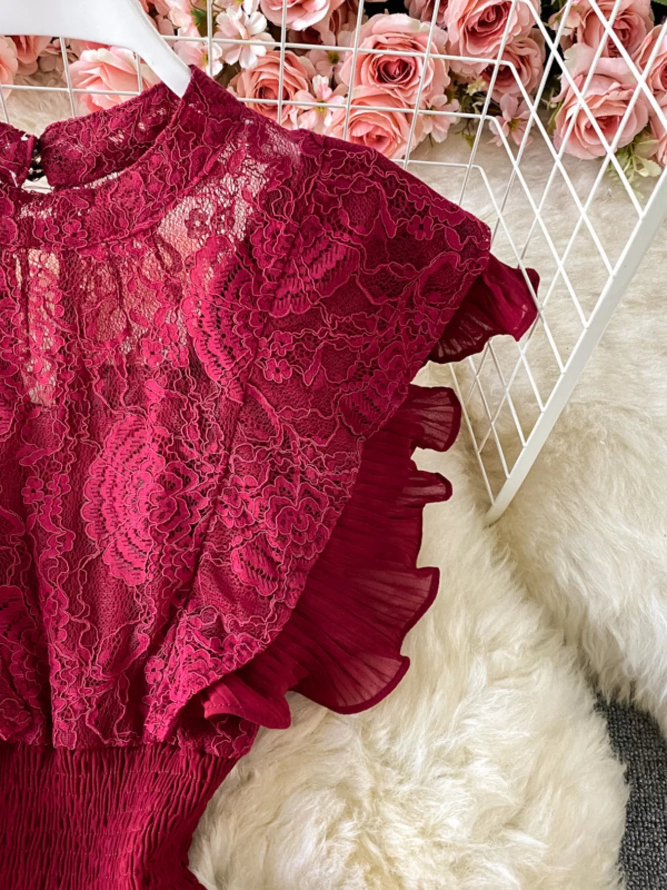 Ruffled Mock Neck Lace Maxi Dress