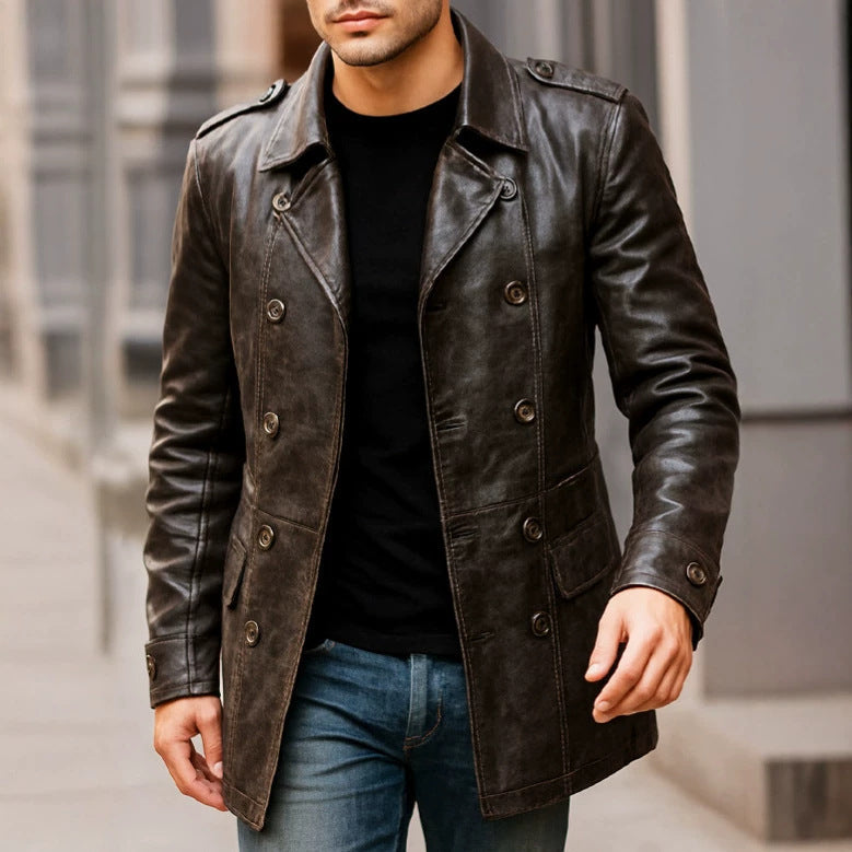 Mens Lapel-collar Double-breasted Slim-fit Leather Jacket