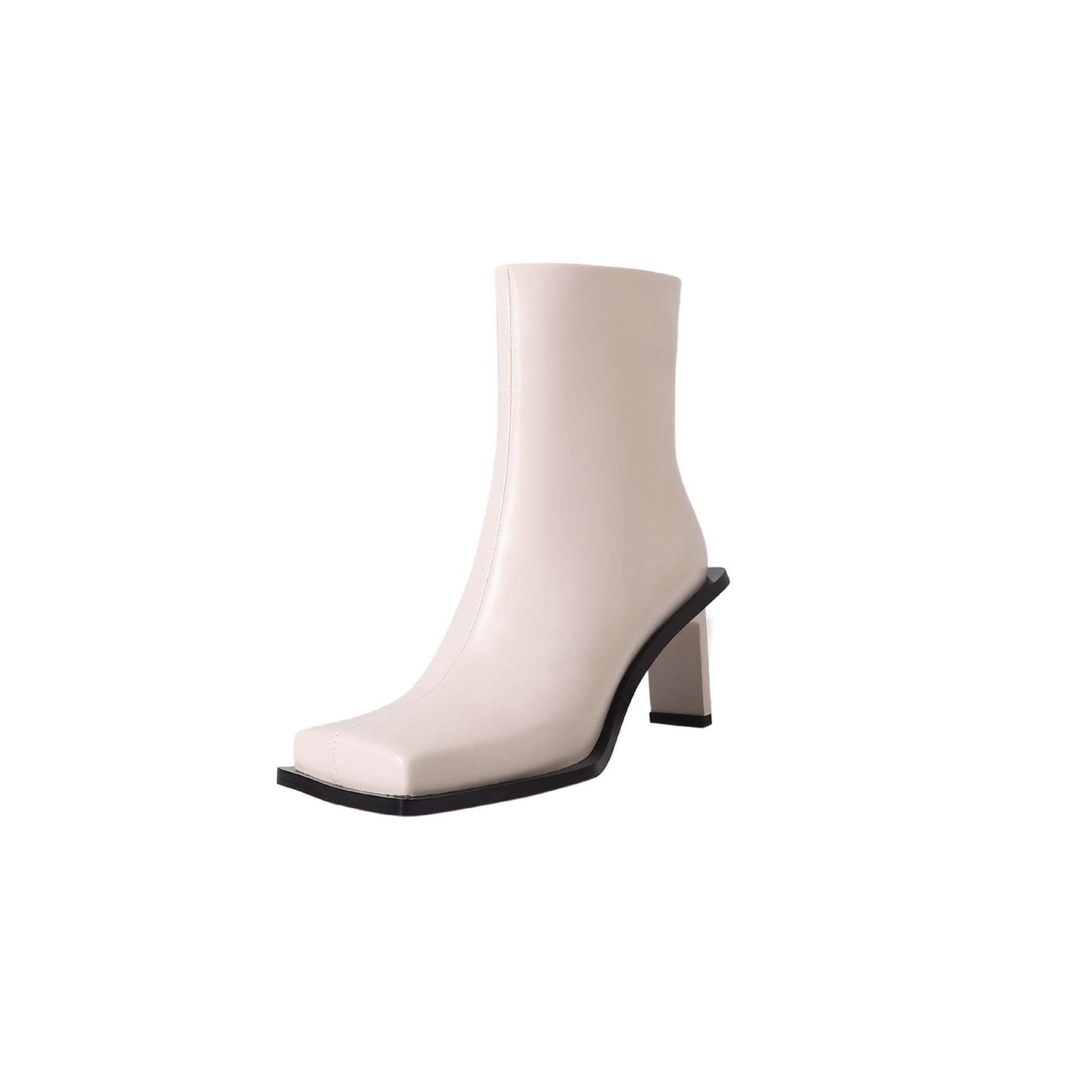 New Brand Genuine Cow Leather High Heels Square Toe Black Beige Dress Party Office Lady Autumn WInter Ankle Boots