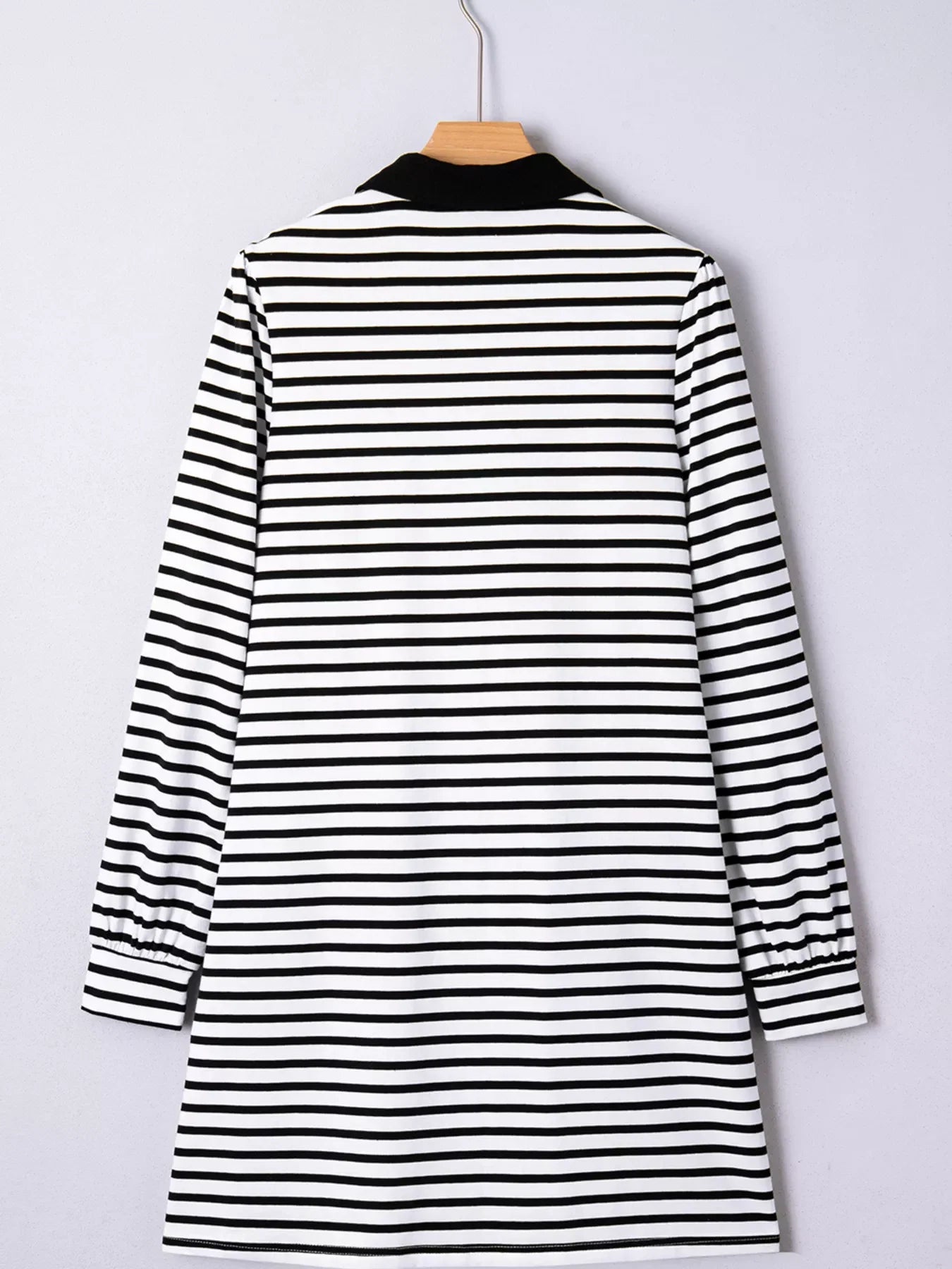 Stripe Buttoned Front Collared Long Sleeve T Shirt Dress with Pockets
