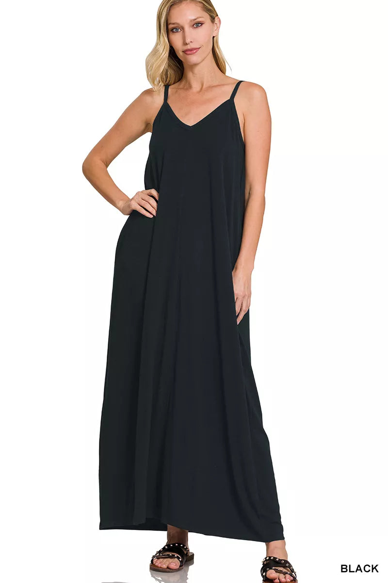 Zenana V-Neck Cami Maxi Dress with Side Pockets