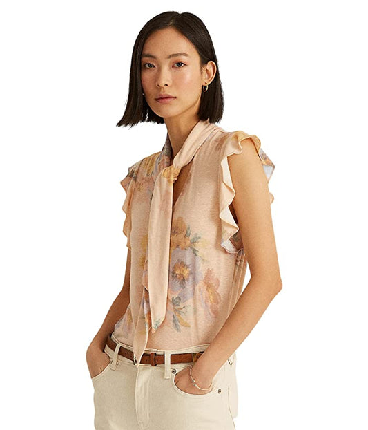 Lauren Ralph Lauren Floral Tie-Neck Blouse in Blush & Sage