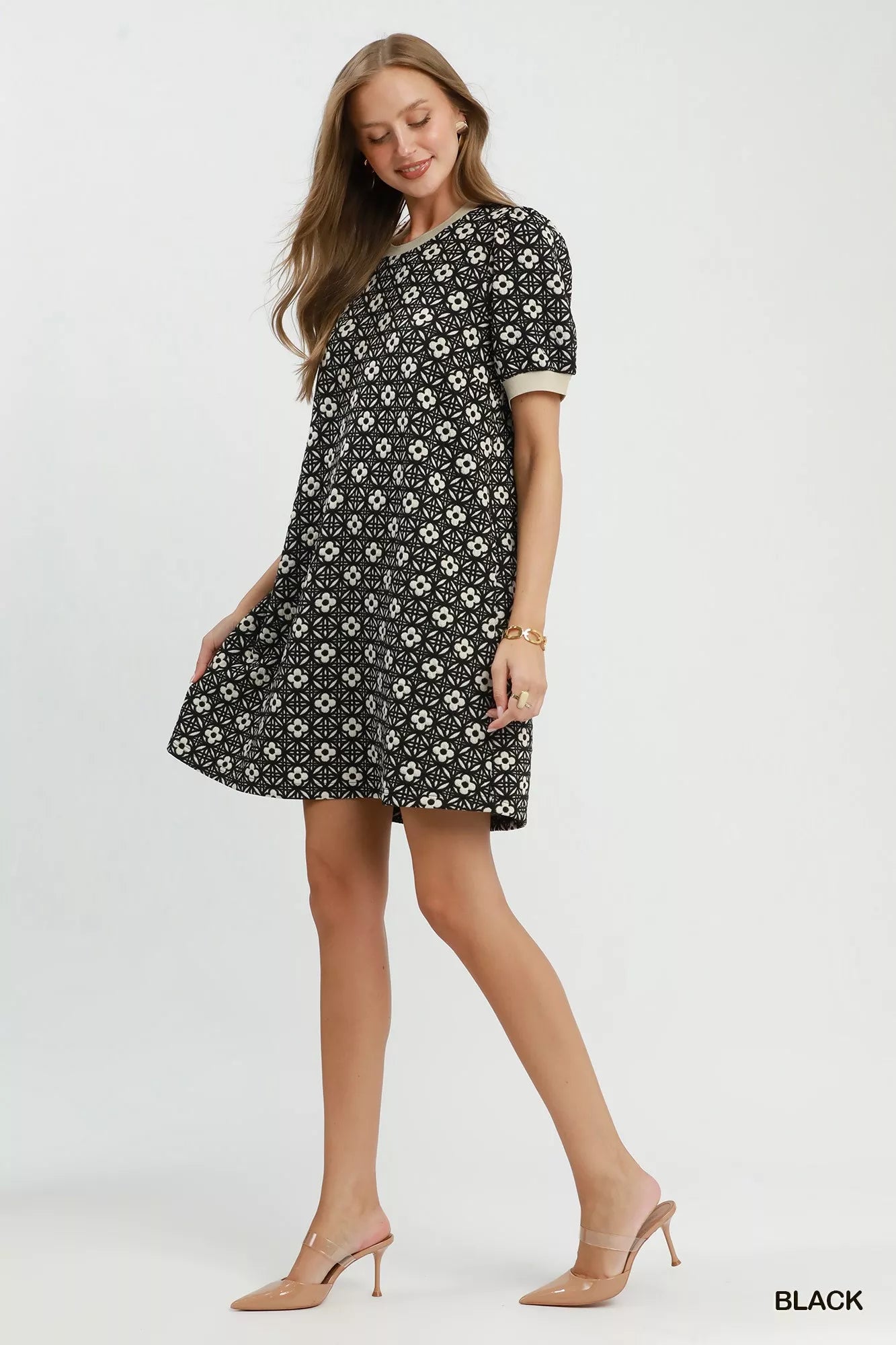 Umgee Floral Textured Puff Sleeve Mini Dress