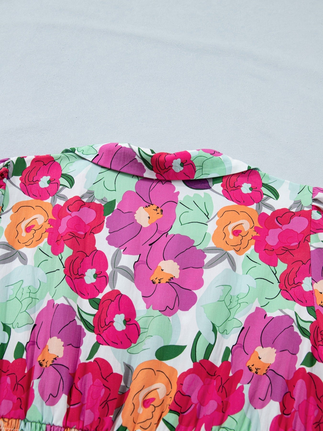 Vibrant Floral Print V Neck Zip Up Puffy Half Sleeve Dress