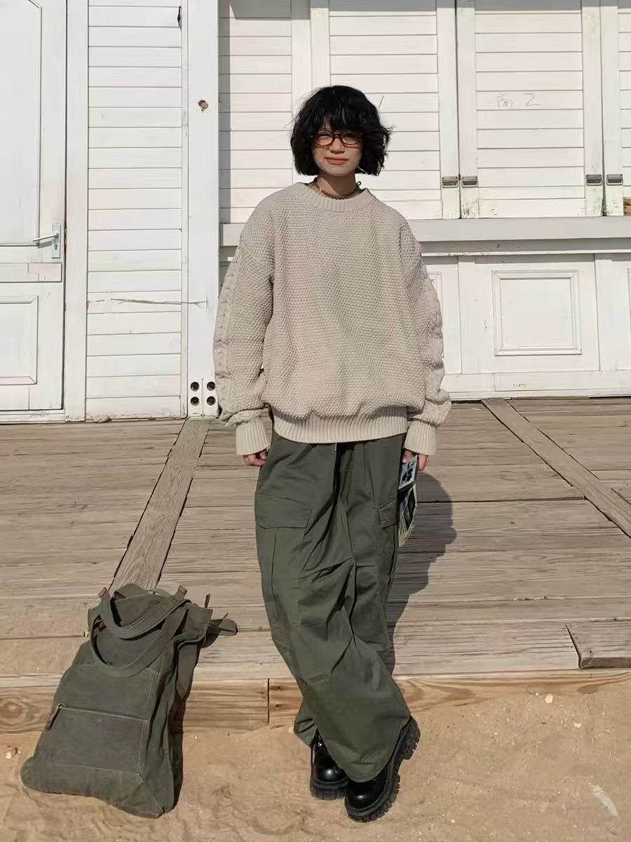 Cable Knit Wool Sweater — Relaxed Fit, Beige