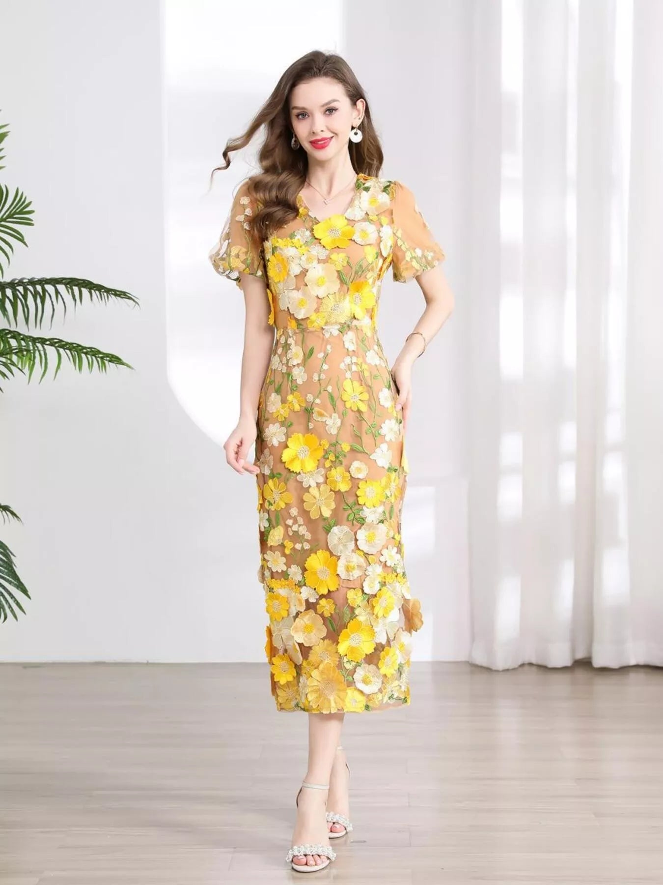 Floral Embroidered Puff Sleeve Midi Dress