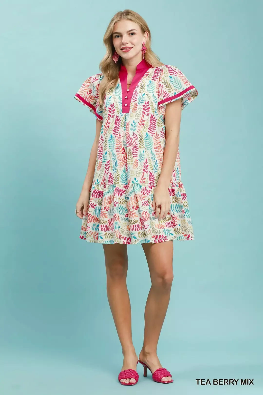 Umgee Leaf Print Flutter Sleeve Tiered Mini Dress