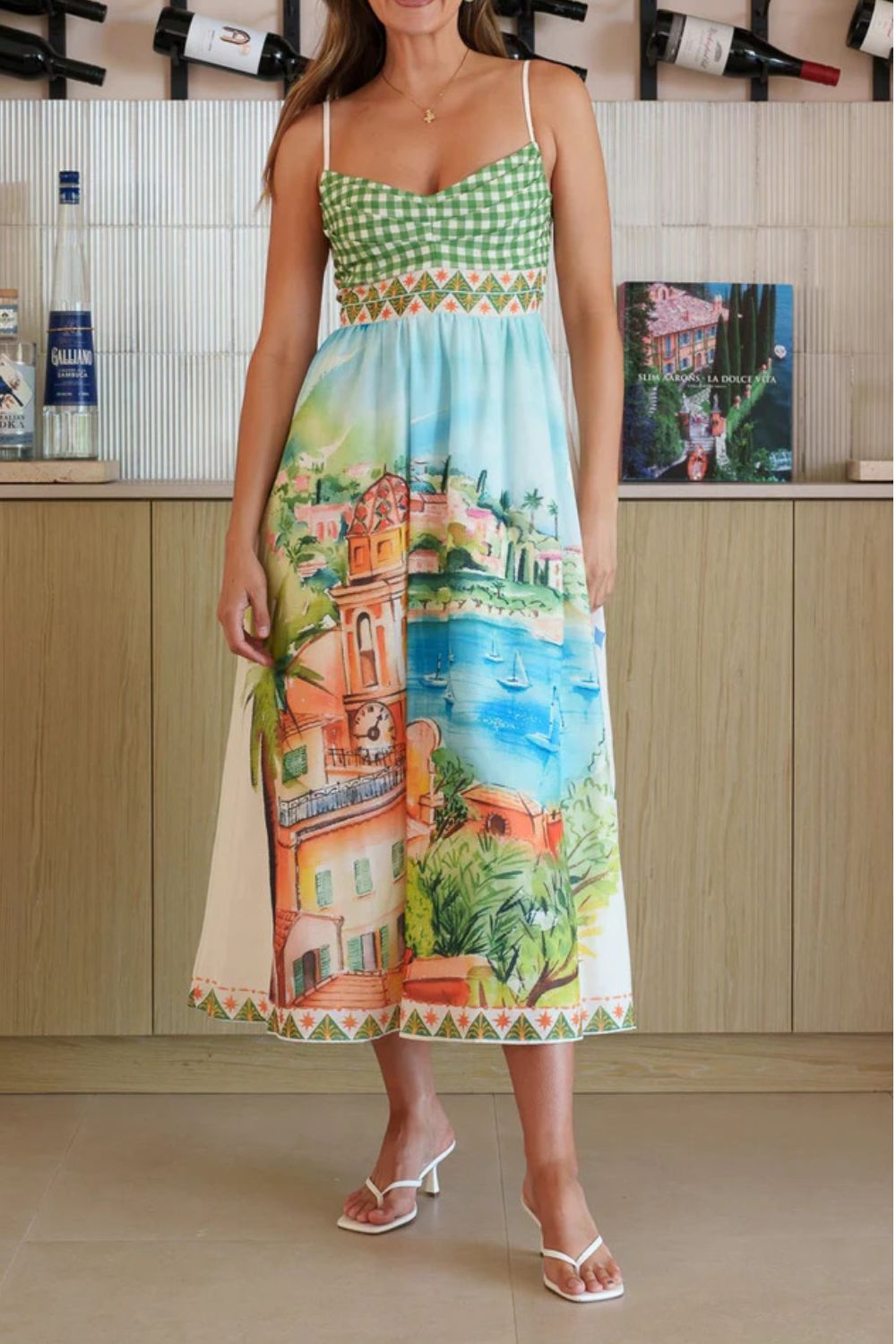 Gingham Bodice Scenic Print Midi Dress