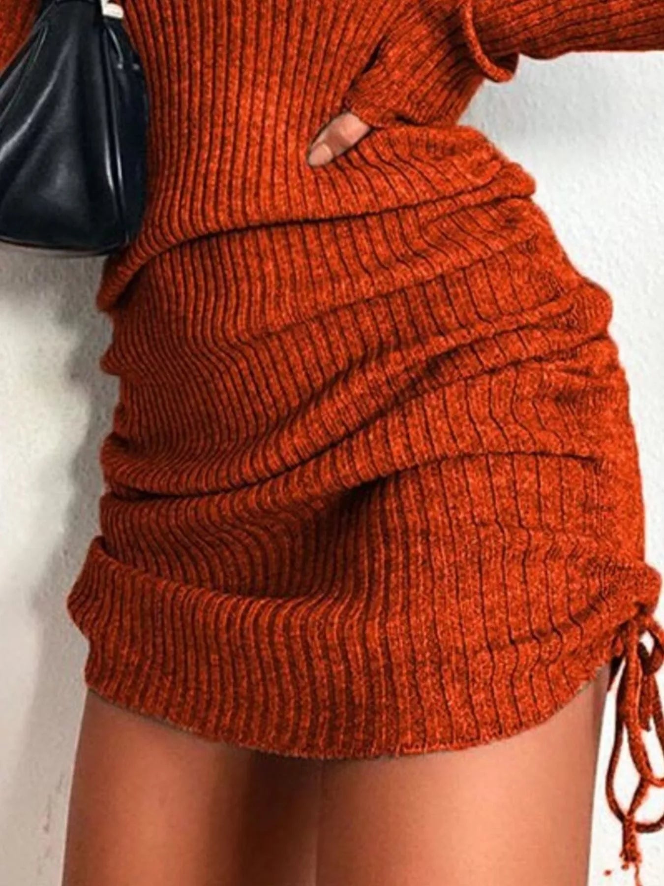 Full Size Ribbed Knit Drawstring Bodycon Sweater Dress Plus Size