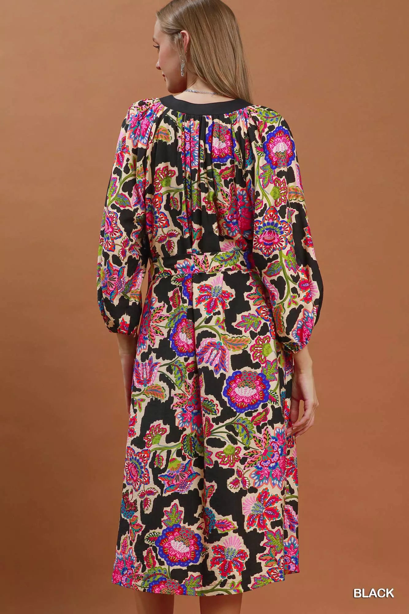 Umgee Abstract Print Embroidered Belted Midi Dress