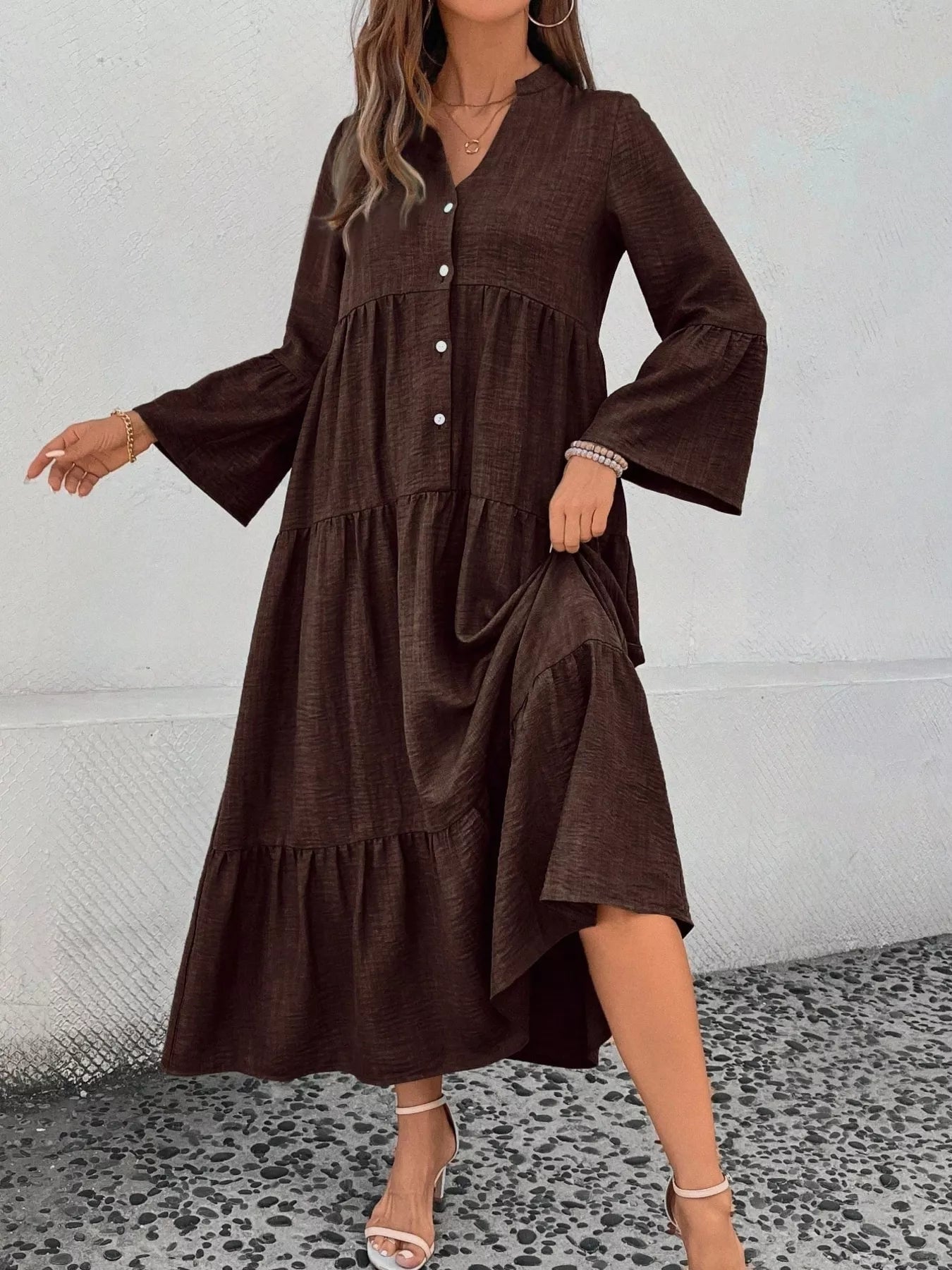 Ruffle Hem Button Front Tiered Dress