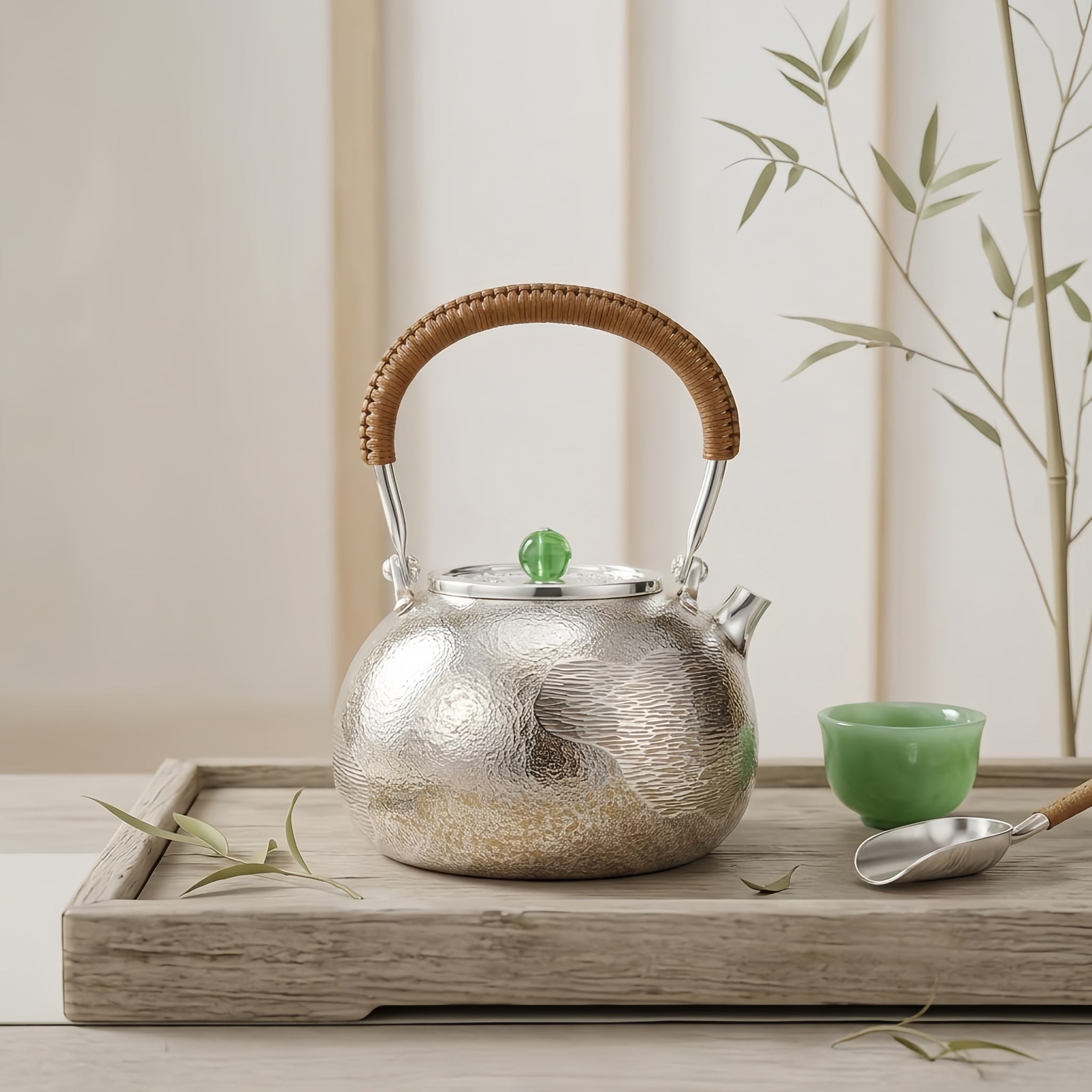 Pure 999 Fine Silver Handcrafted Textured Silver Teapot with Woven Rattan Handle and Green Jade Knob - Handicraft