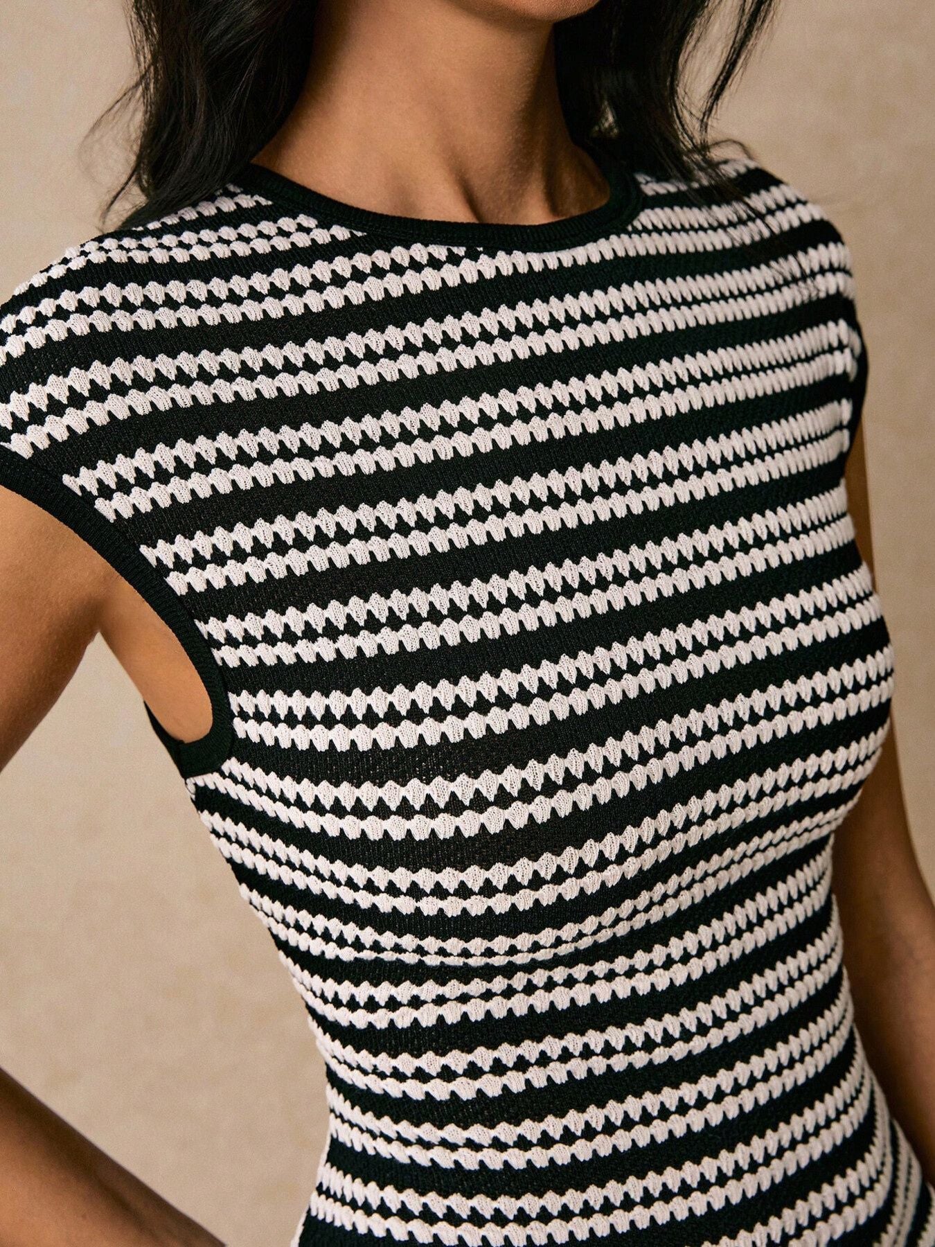 Striped Cap Sleeve Bodycon Midi Dress